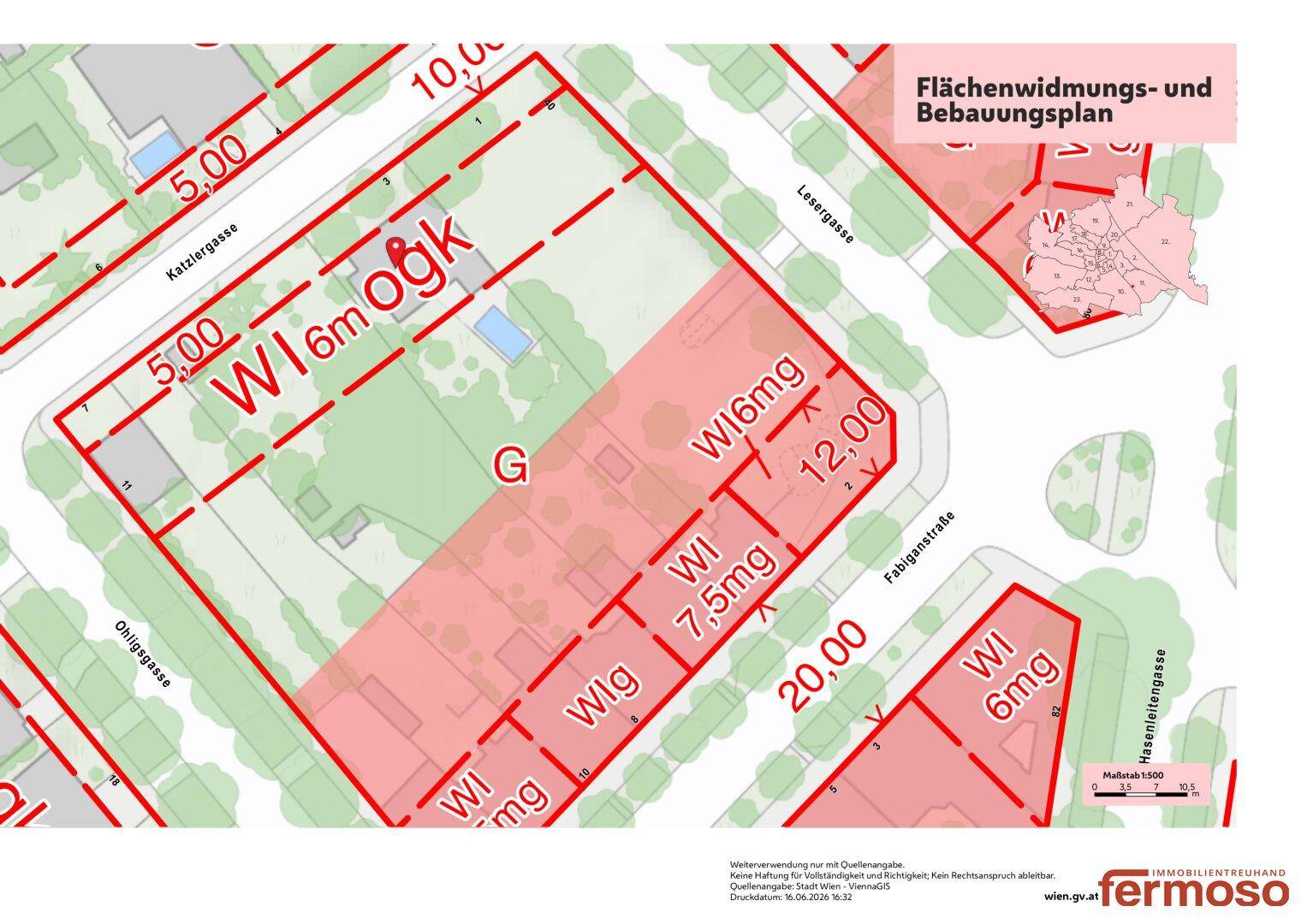Detaillierter Flächenwidmungs- und Bebauungsplan mit eingezeichneten Parzellen und Straßennamen.