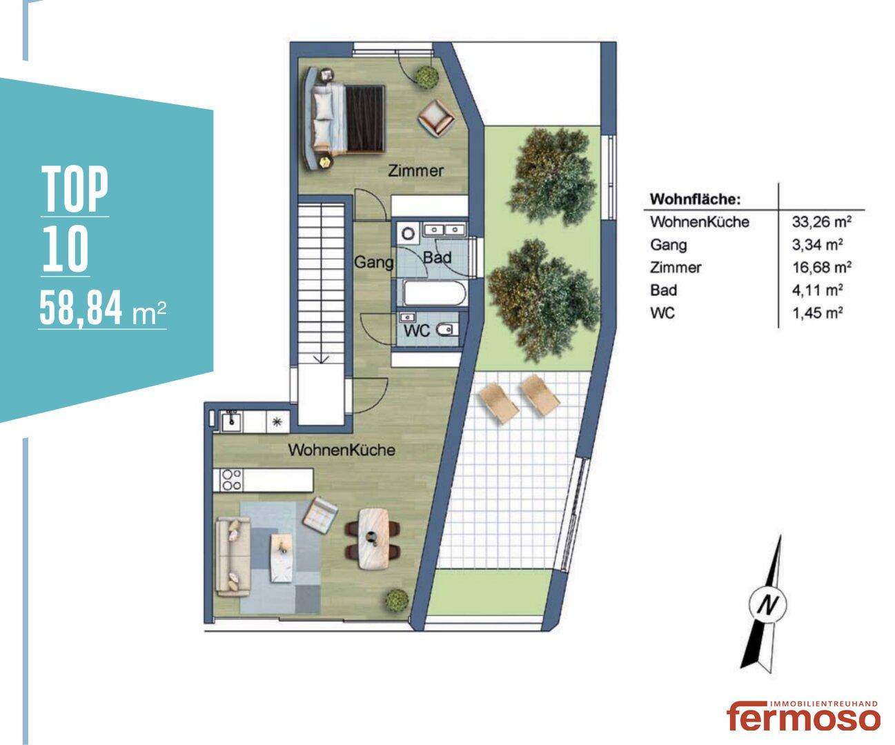 Grundriss der Wohnung "TOP 10" mit Wohnküche, Zimmer, Bad und WC.