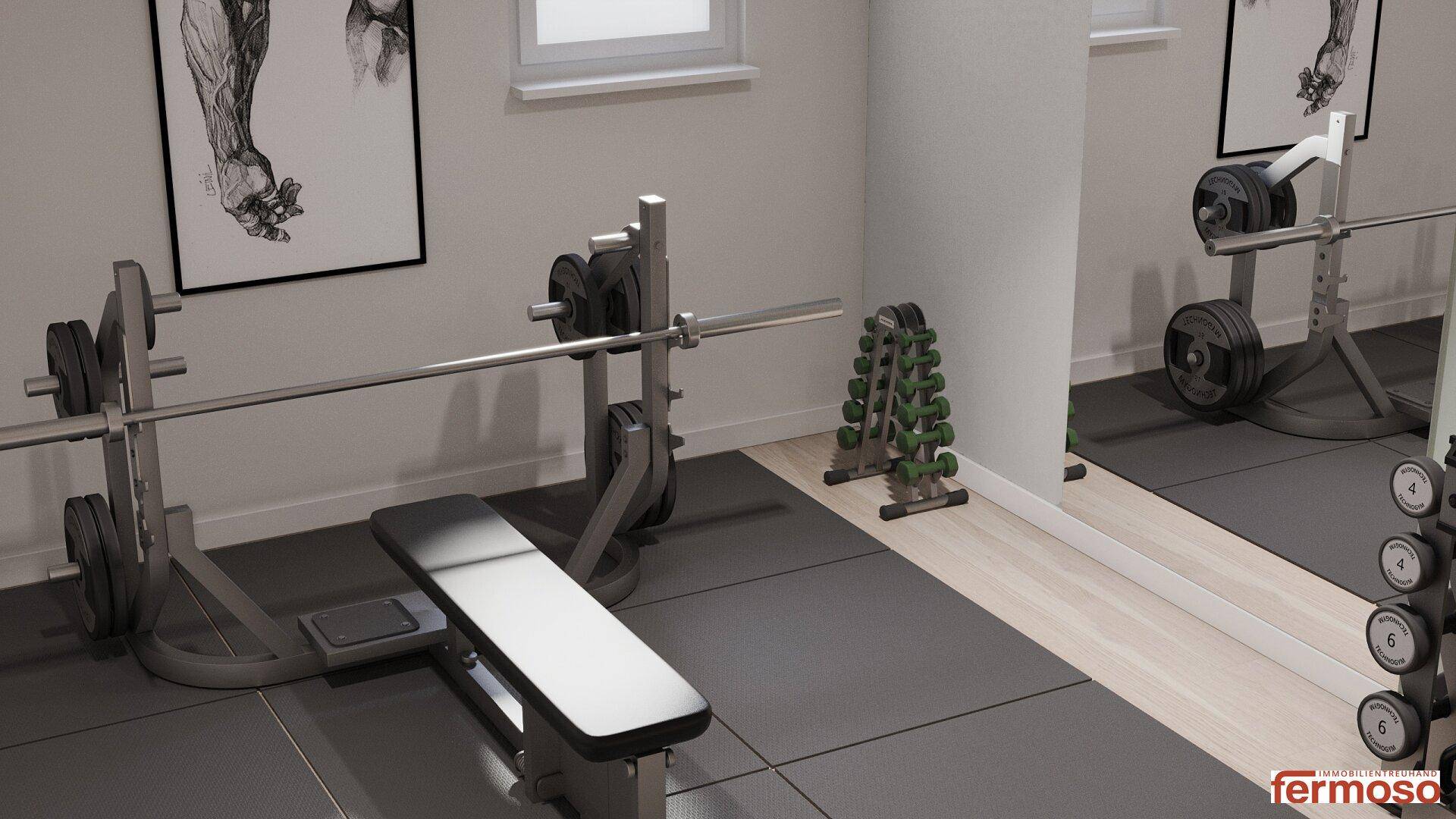 Privater Fitnessraum mit Hantelbank, Langhantel und Kurzhanteln, ideal für das Training zu Hause.