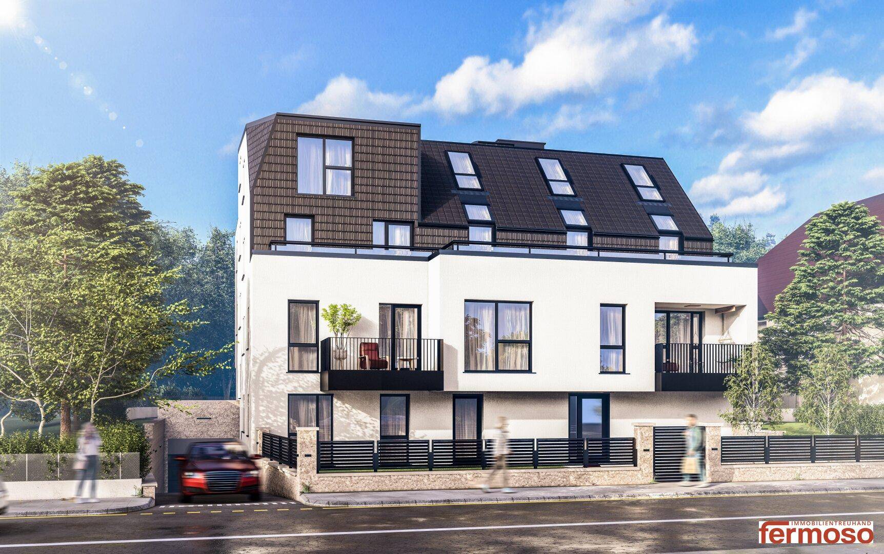 Moderne Wohnanlage mit weißer Fassade, dunklem Dach und Balkonen, umgeben von Bäumen und einer Garage.