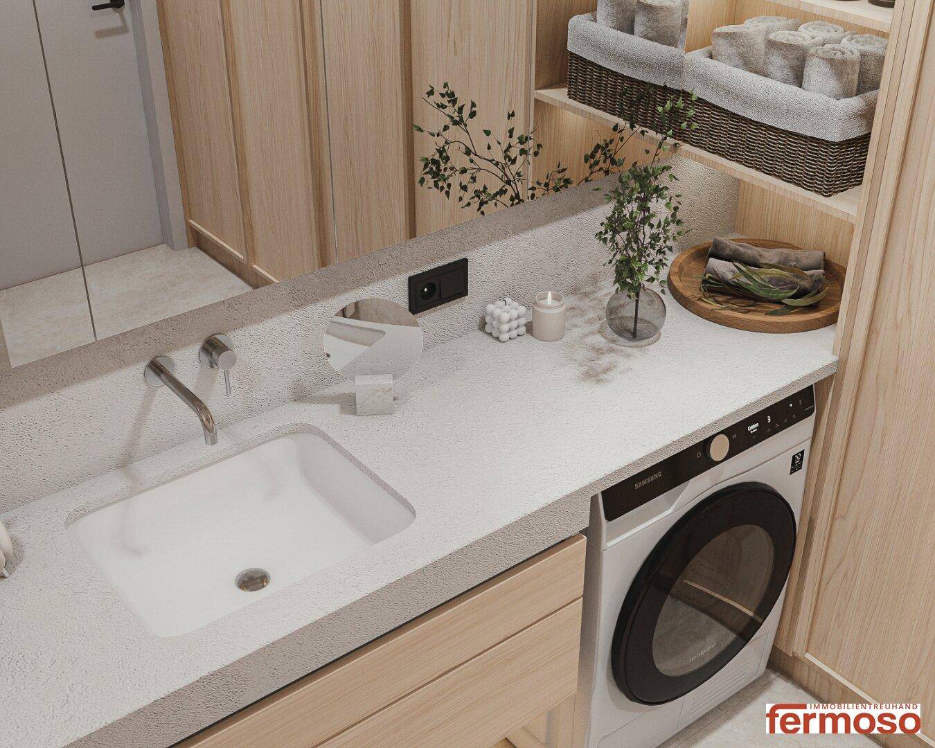 Modernes Badezimmer mit Einzelwaschbecken, Spiegel und integrierter Waschmaschine, in hellen Holztönen.
