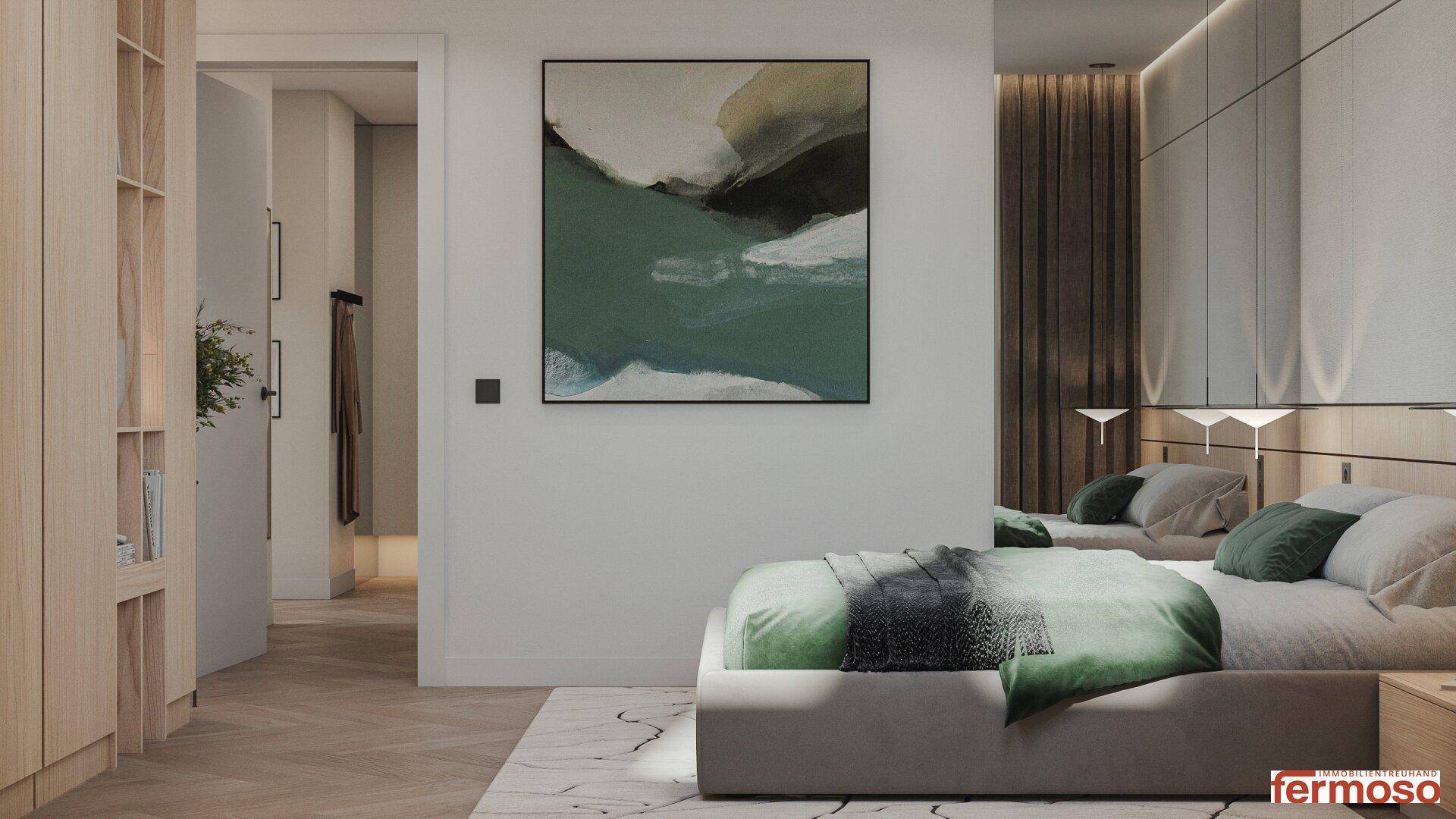 Modernes Schlafzimmer mit großem Bett, abstrakter Kunst und integrierten Schränken, in hellen Farben gehalten.