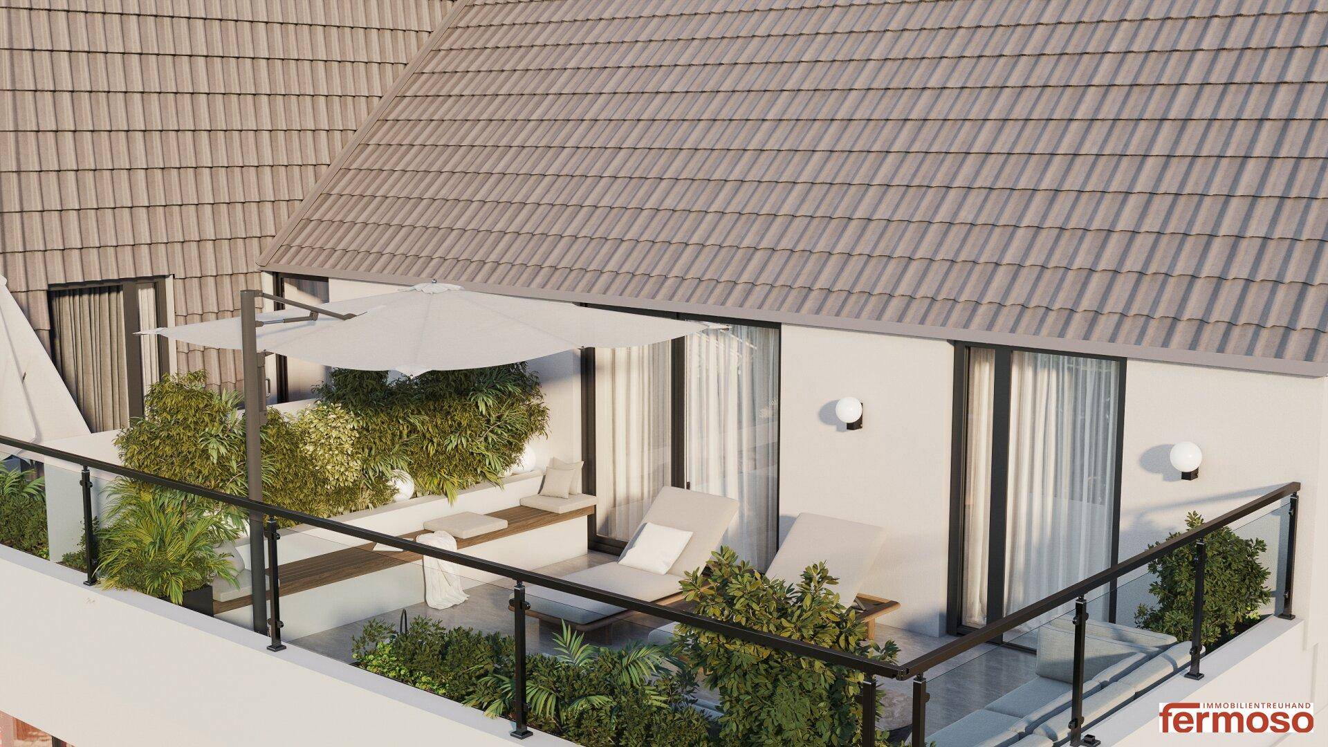 Geräumige Dachterrasse mit Liegestühlen, Sonnenschirm und Pflanzen für entspannte Stunden im Freien.