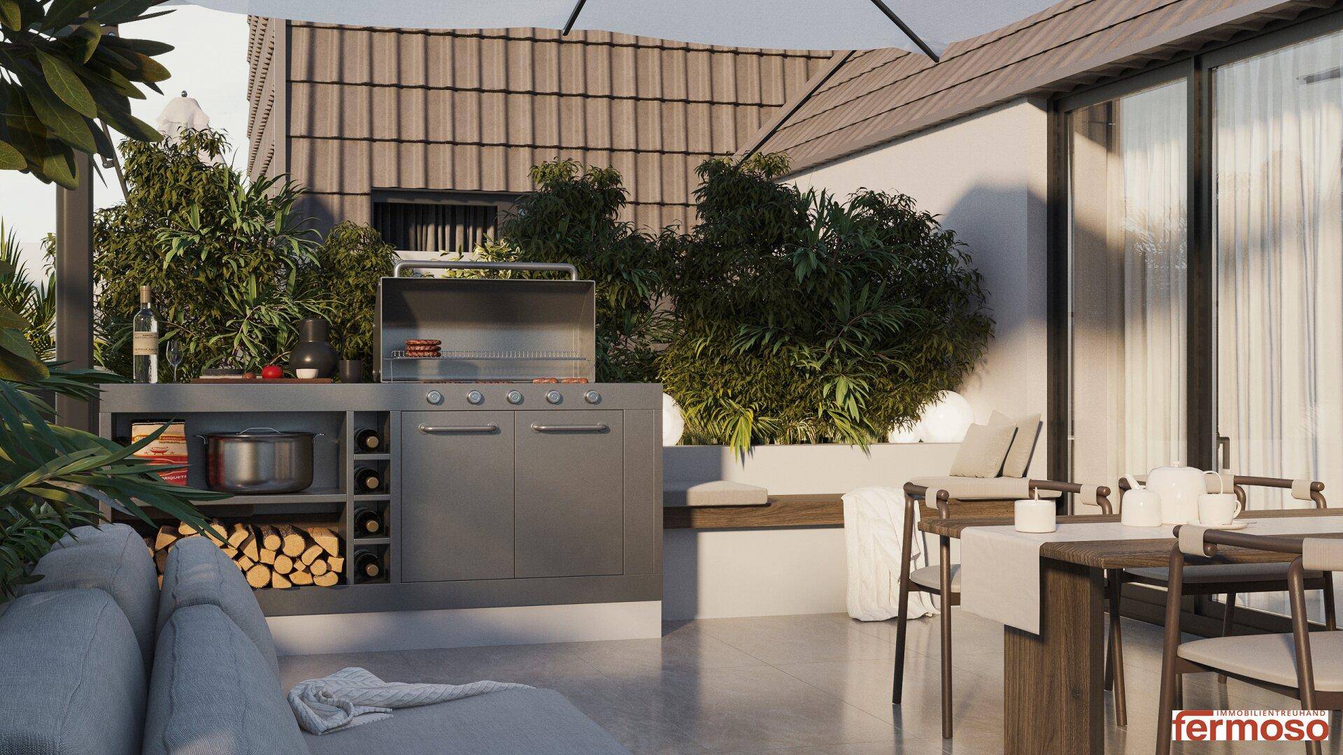 Detailansicht der modernen Dachterrasse mit Grillstation, Essbereich und Holzablage für gemütliche Abende.