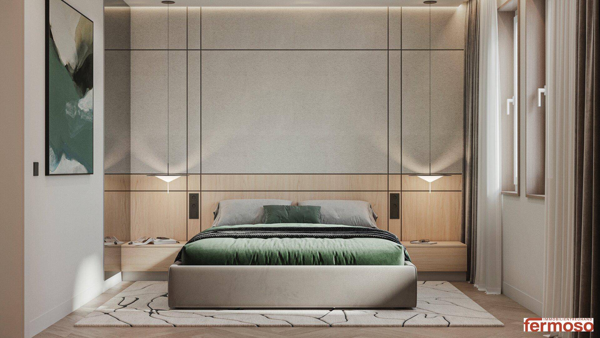 Elegantes Schlafzimmer mit großem Bett, indirekter Beleuchtung und modernen Wandpaneelen für eine ruhige Atmosphäre.