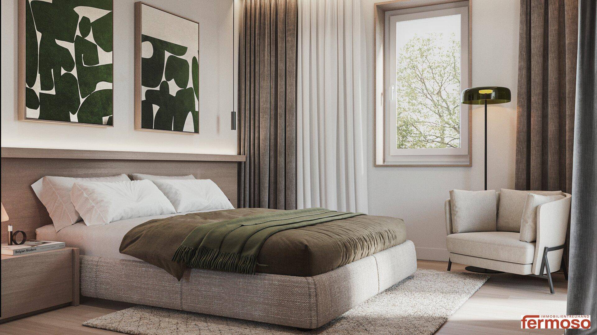 Gemütliches Schlafzimmer mit großem Bett, Sessel und Blick ins Grüne durch das große Fenster.