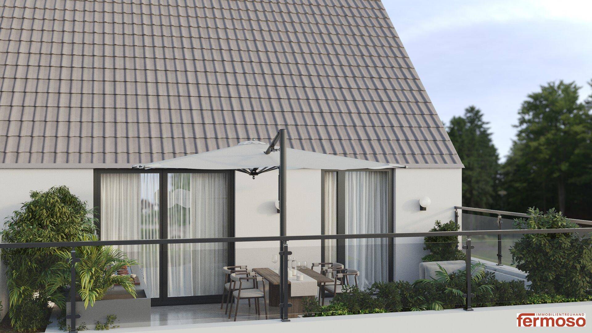Moderne Dachterrasse mit Essbereich, Sonnenschirm und Pflanzen für entspannte Stunden im Freien.