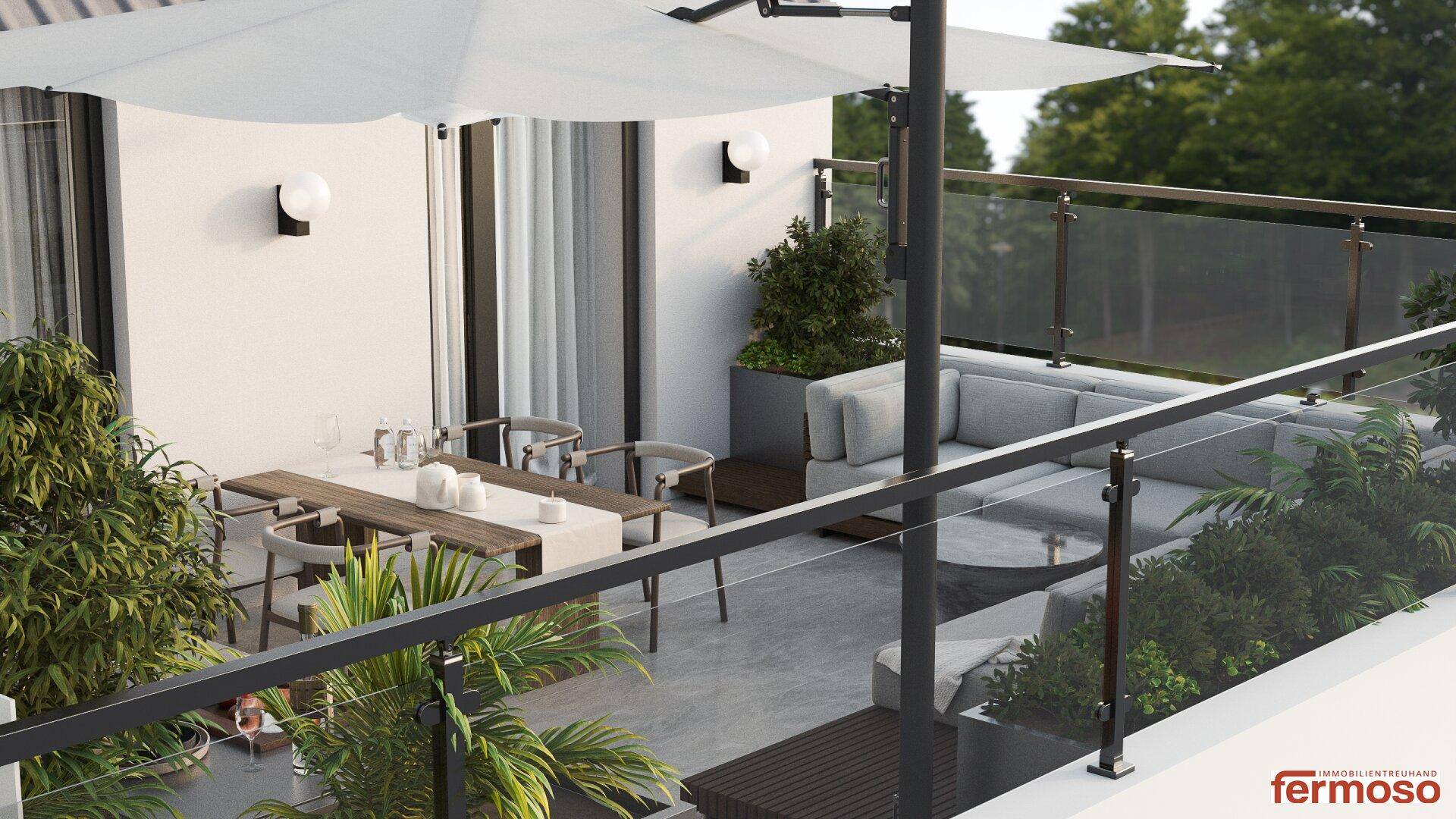 Geräumige Dachterrasse mit Lounge-Möbeln, Essbereich und Blick auf die grüne Umgebung.