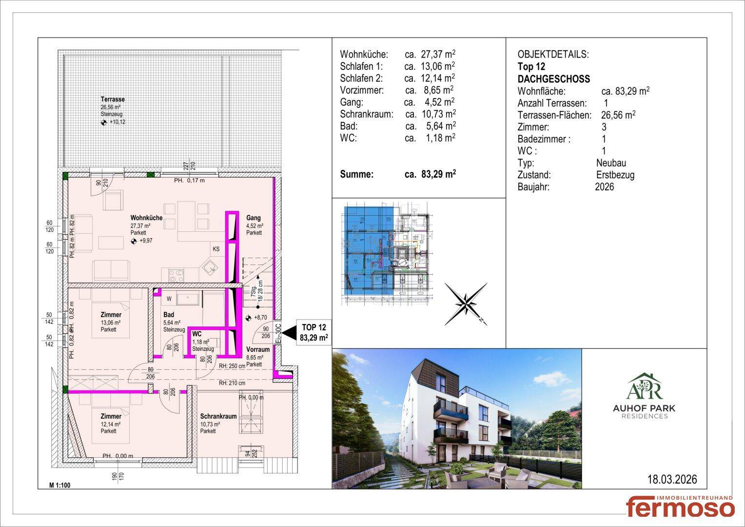 Grundriss des Dachgeschosses mit Terrasse, drei Schlafzimmern und offenem Wohnbereich.