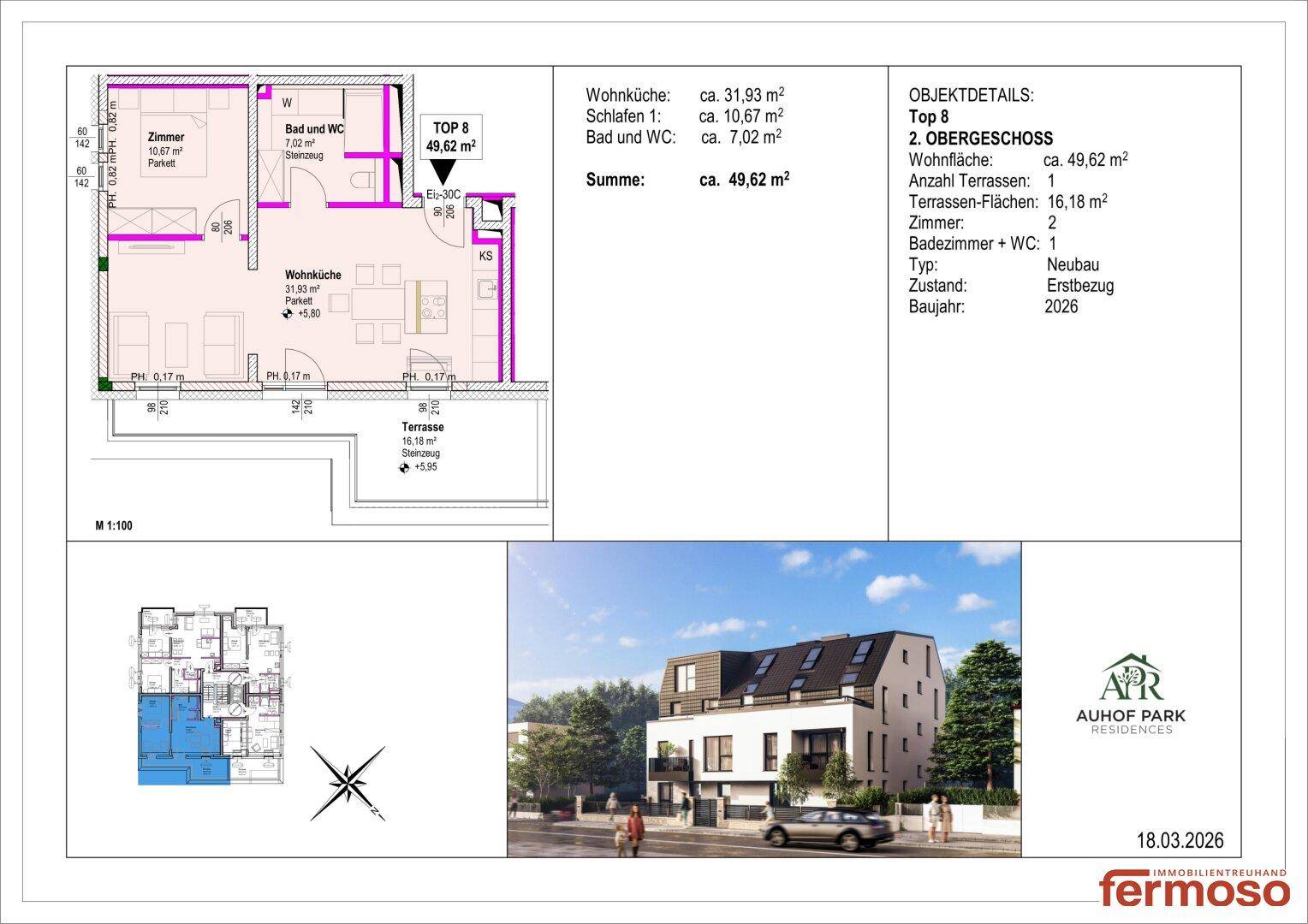 Detaillierter Grundriss von TOP 8 mit Wohnfläche von 49,62 m², zwei Zimmern und einer Terrasse.
