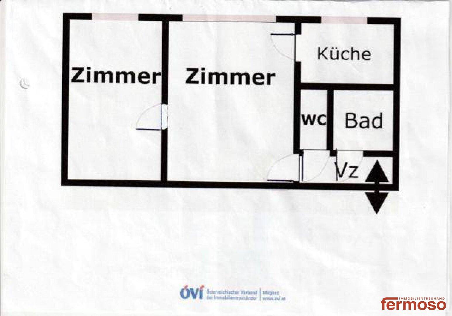 Übersichtlicher Grundriss einer Wohnung mit zwei Zimmern, separater Küche, Bad und WC.