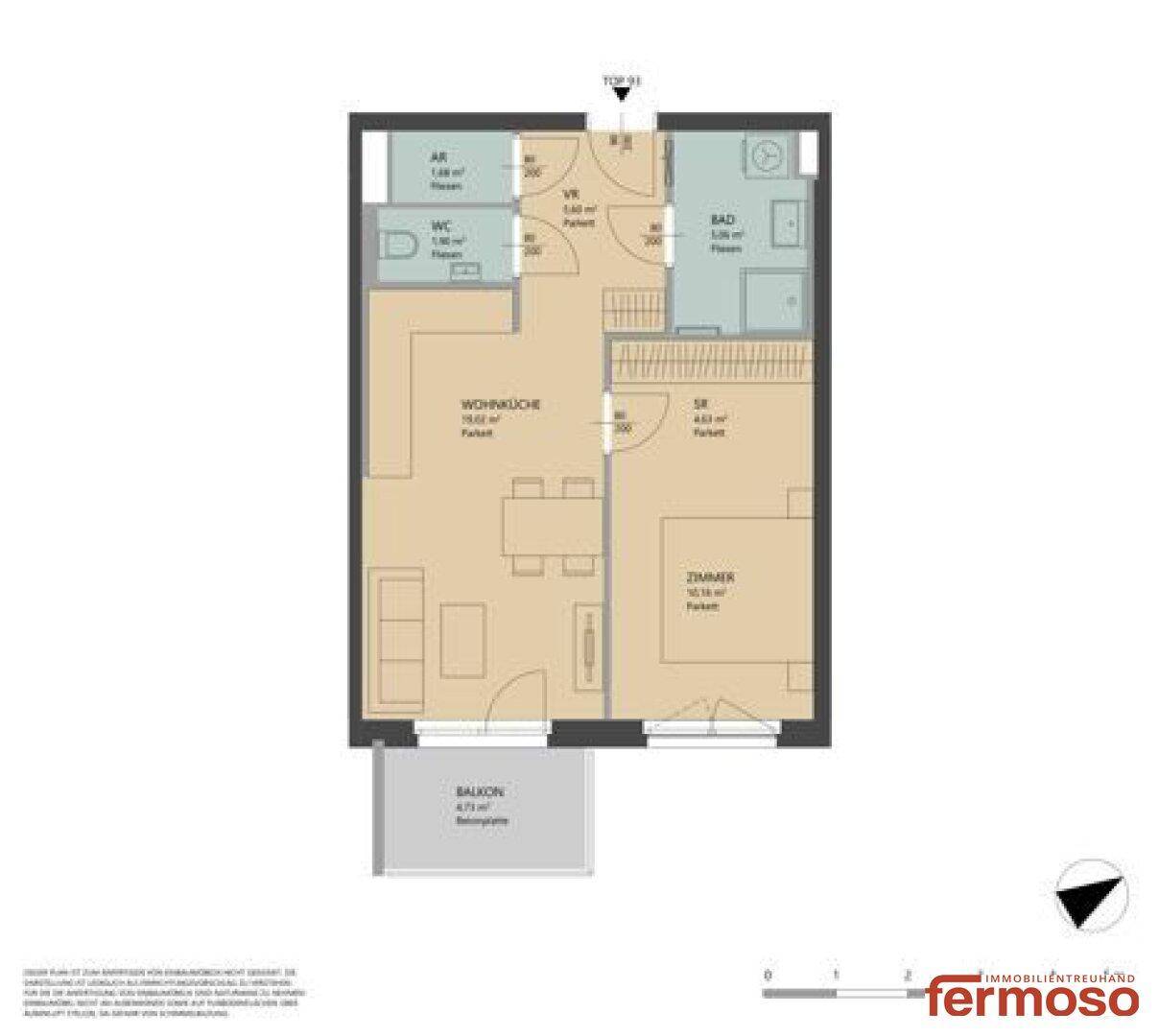 Grundriss einer Wohnung mit Wohnküche, Schlafzimmer, Bad und Balkon.