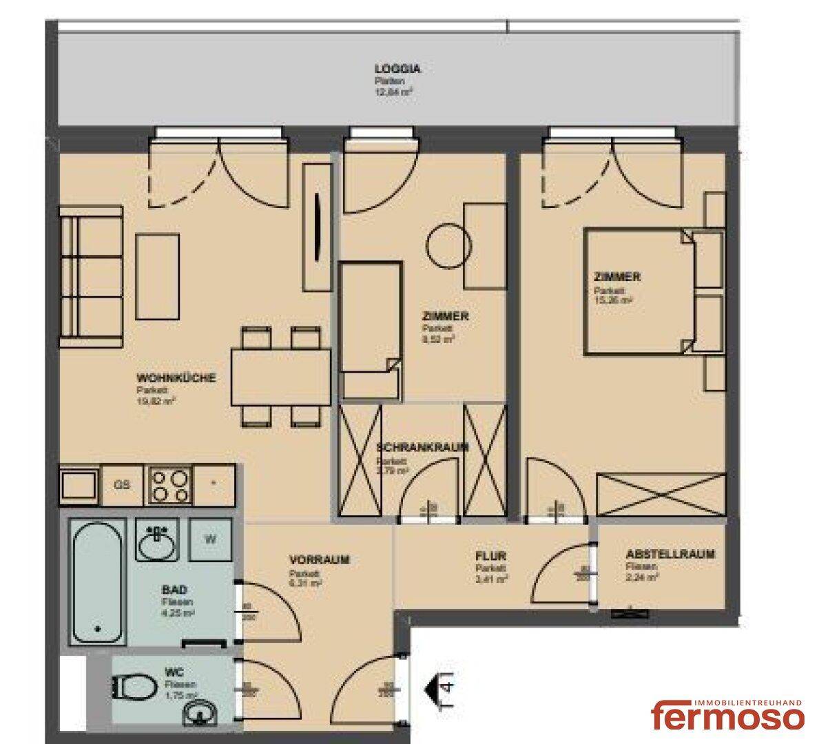 Grundriss einer Wohnung mit Wohnküche, zwei Zimmern, Bad, WC und Loggia.
