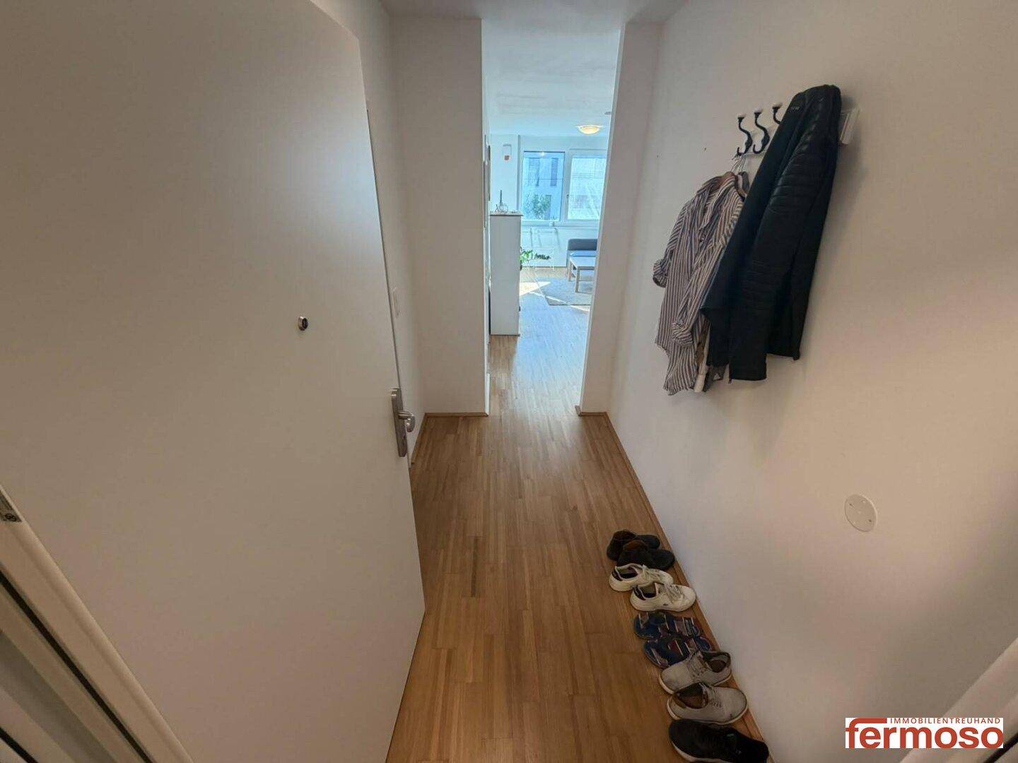 Eingangsbereich mit Parkettboden, Garderobe und Zugang zu den Wohnräumen.