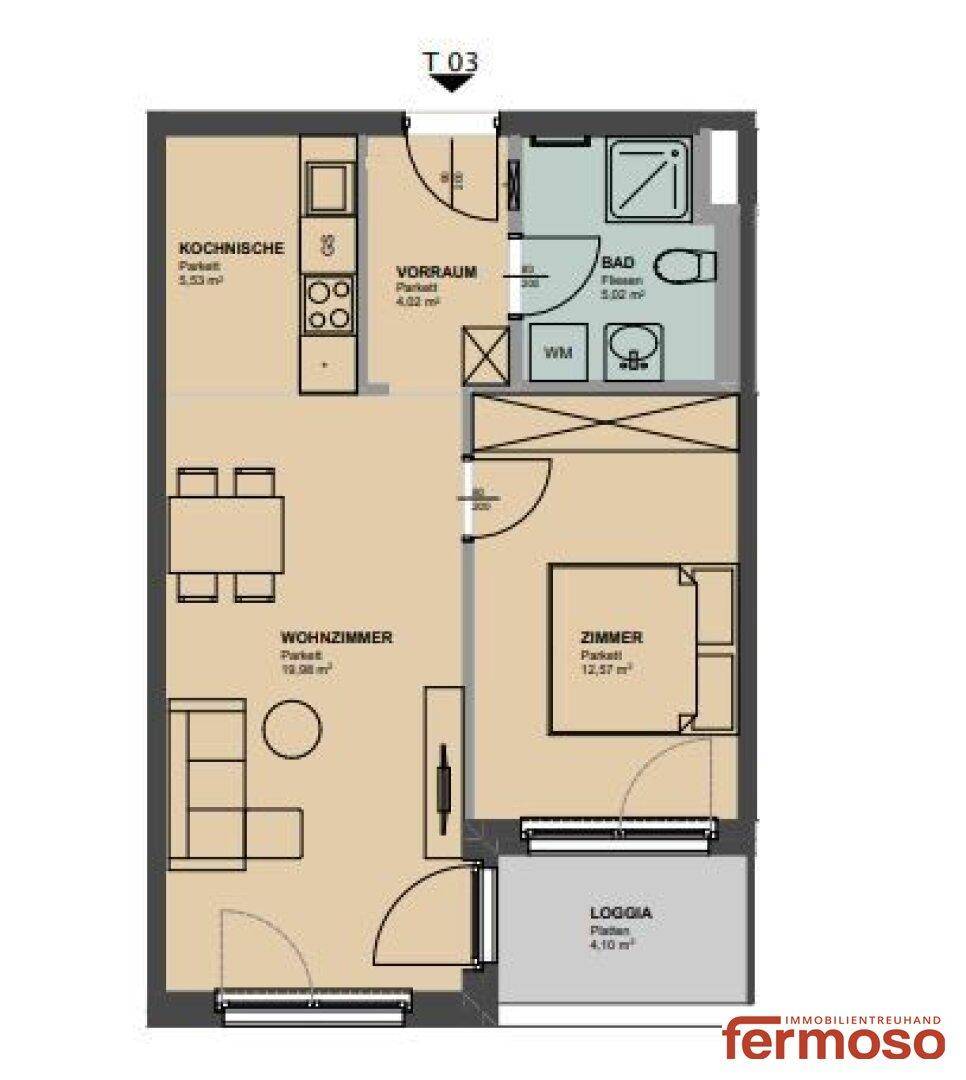 Grundriss der Wohnung mit Wohnzimmer, Kochnische, Schlafzimmer und Loggia.