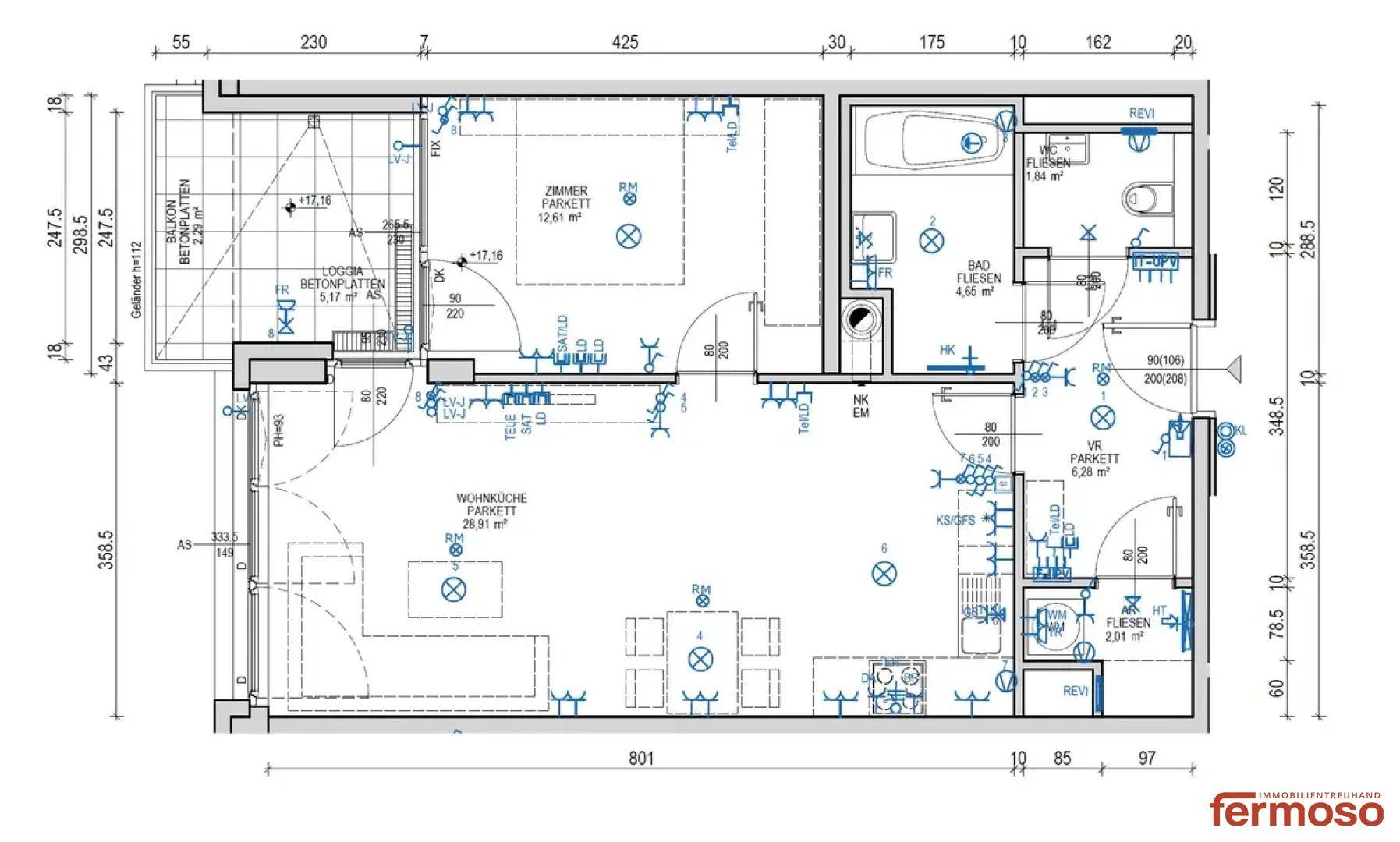 Grundriss einer Wohnung mit offenem Wohnbereich, Schlafzimmer, Bad und separatem WC sowie einer Loggia.