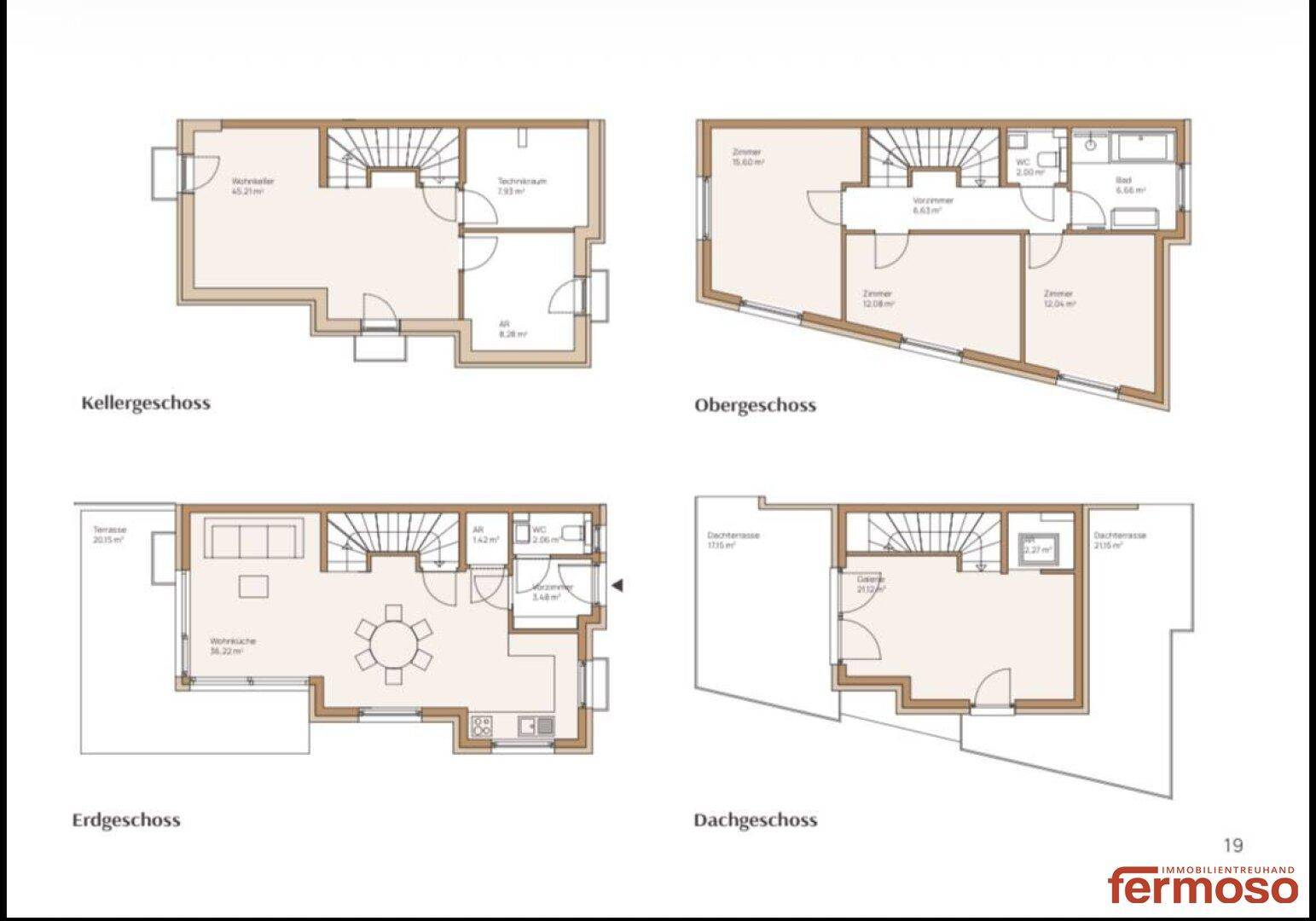 Grundrisspläne für Keller-, Erd-, Ober- und Dachgeschoss eines Reihenhauses mit Terrassen.