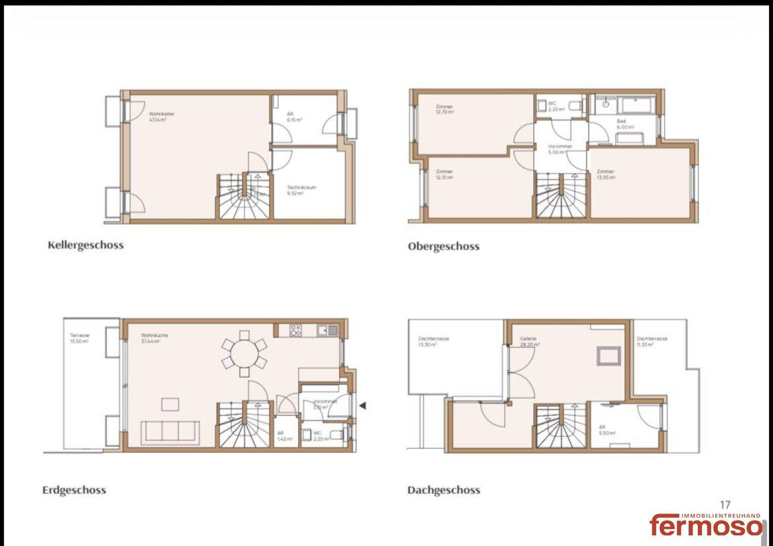 Grundrisspläne für Keller-, Erd-, Ober- und Dachgeschoss eines Reihenhauses mit Terrassen.