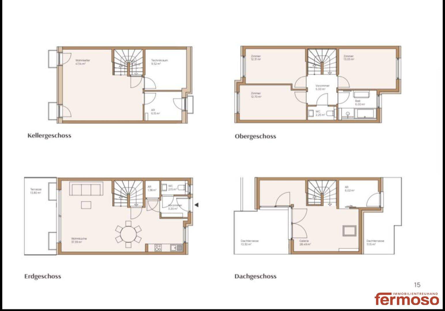 Grundrisspläne für Keller-, Erd-, Ober- und Dachgeschoss eines Reihenhauses mit Terrassen.