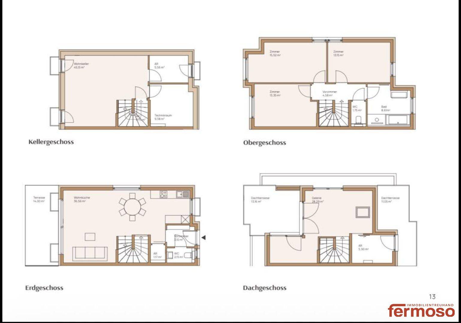 Grundrisspläne für Keller-, Erd-, Ober- und Dachgeschoss eines Reihenhauses mit Terrassen.