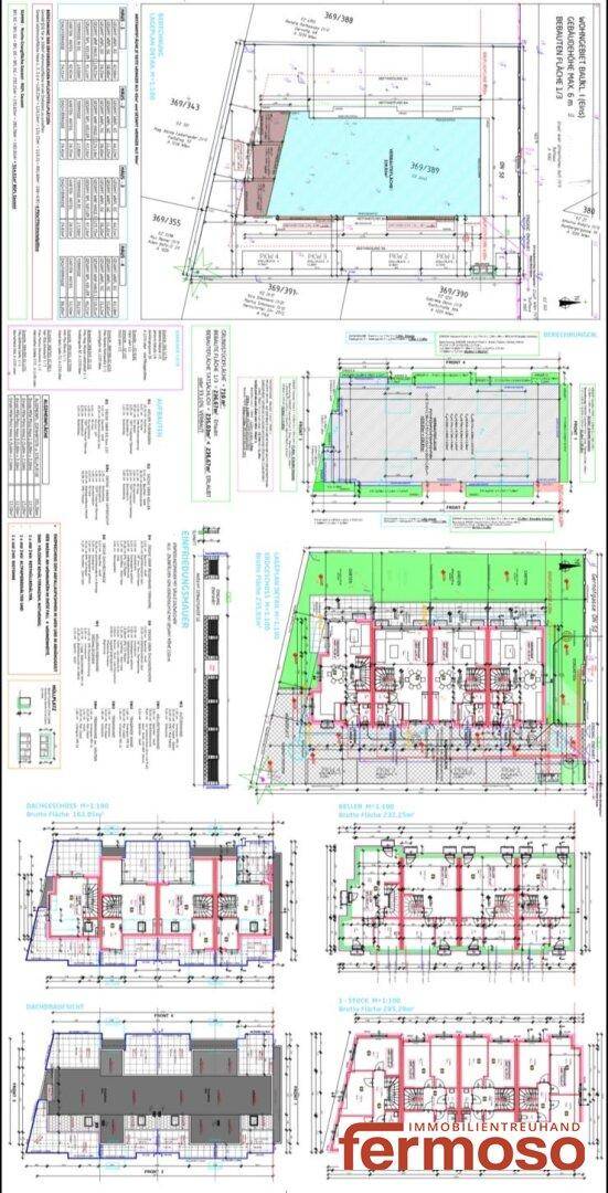 Detaillierte Baupläne und Grundrisse für die gesamte Wohnanlage mit verschiedenen Ebenen.