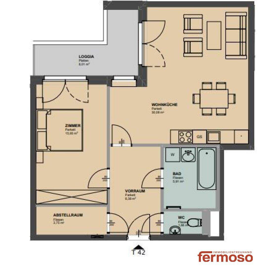 Grundriss einer Wohnung mit Wohnküche, Zimmer, Bad, WC und Loggia.