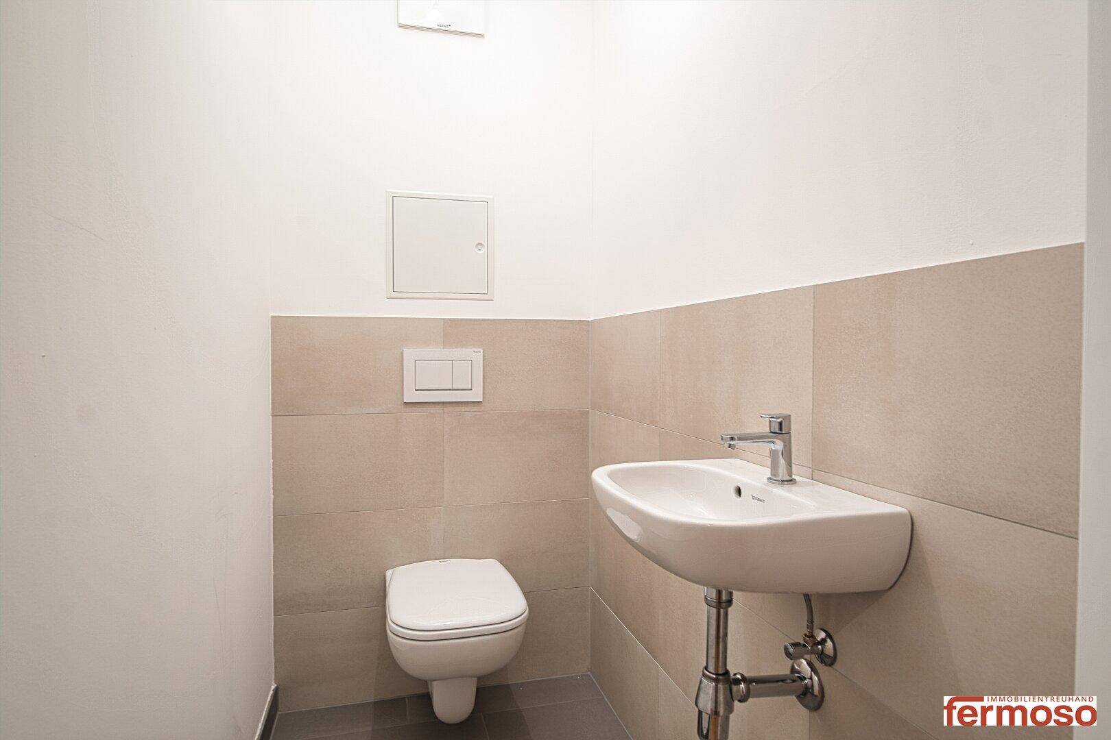 Separates Gäste-WC mit wandhängender Toilette und modernem Waschbecken.