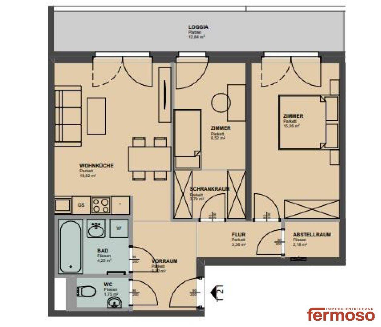 Detaillierter Grundriss einer Wohnung mit Wohnküche, zwei Zimmern, Bad und Loggia.