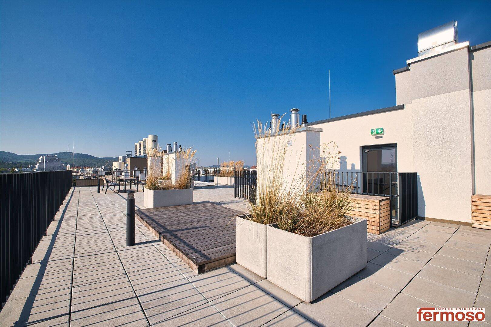 Sonnige Dachterrasse mit Holzdeck, Pflanzkübeln und weitem Blick über die Stadt.