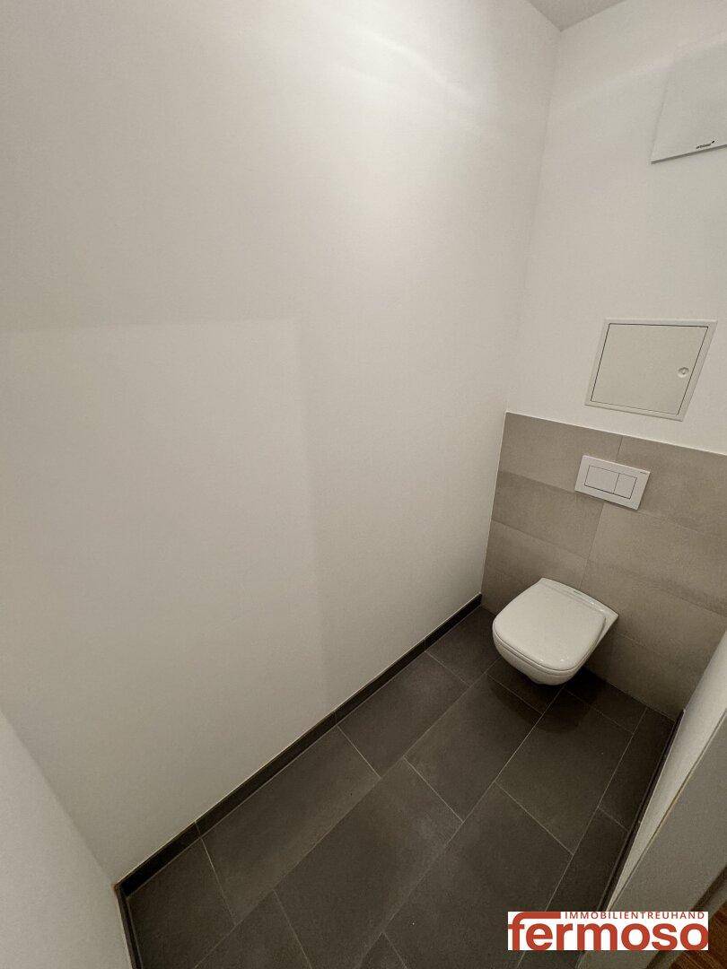 Modernes separates WC mit Wand-WC und dunklen Fliesen am Boden und an der Wand.