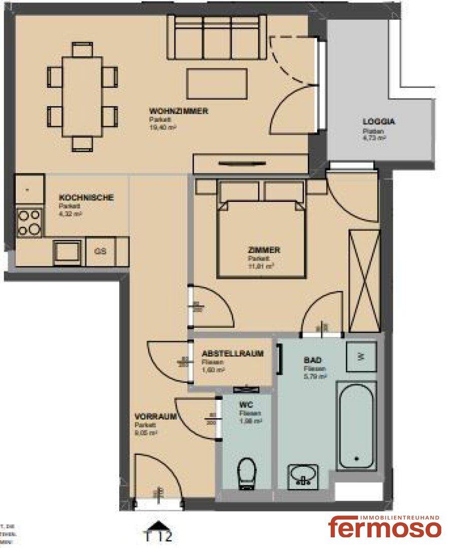Detaillierter Grundriss einer Wohnung mit Wohnzimmer, Schlafzimmer, Küche und Loggia.