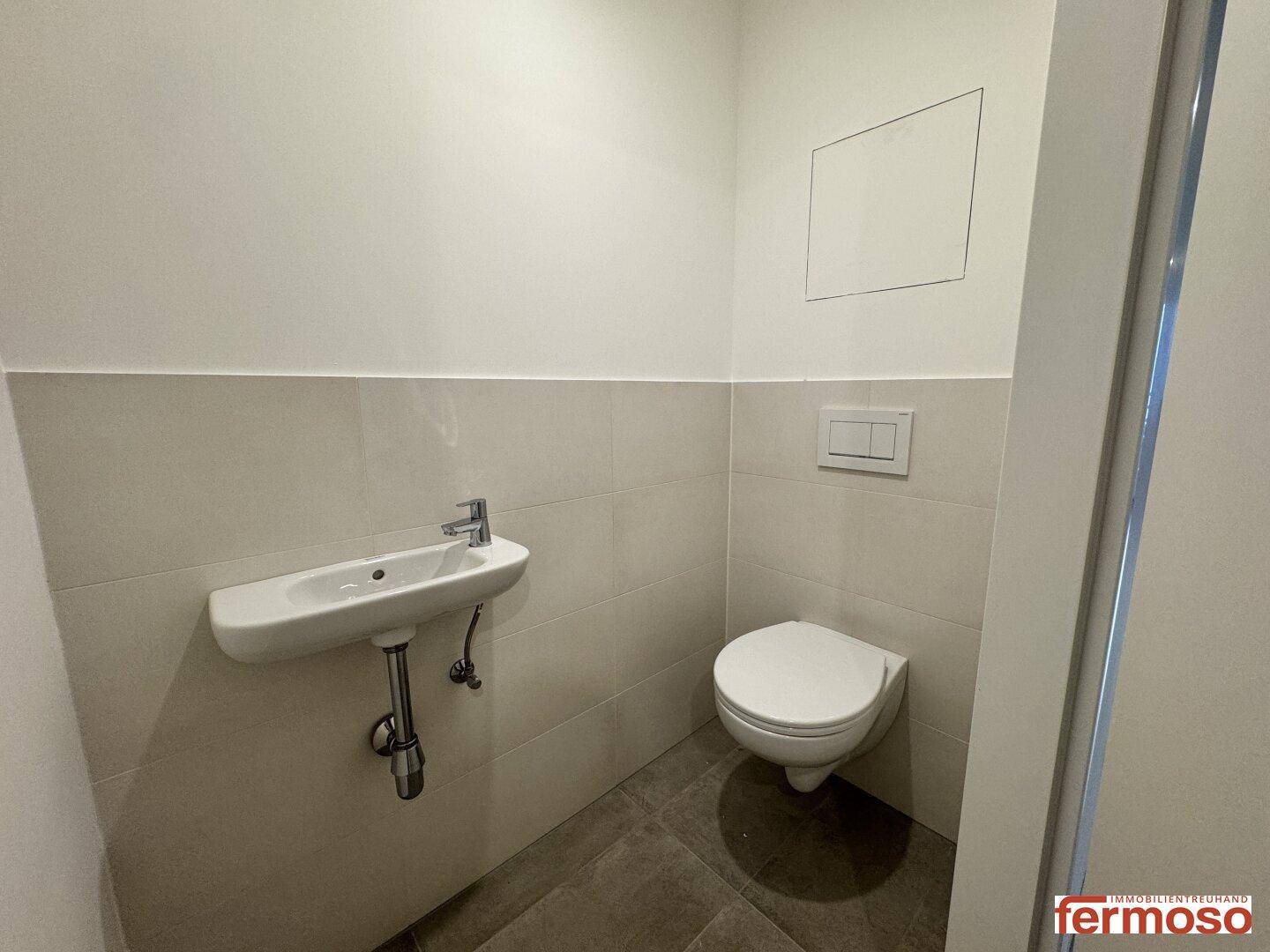 Modernes Gäste-WC mit Wand-WC und kleinem Handwaschbecken.