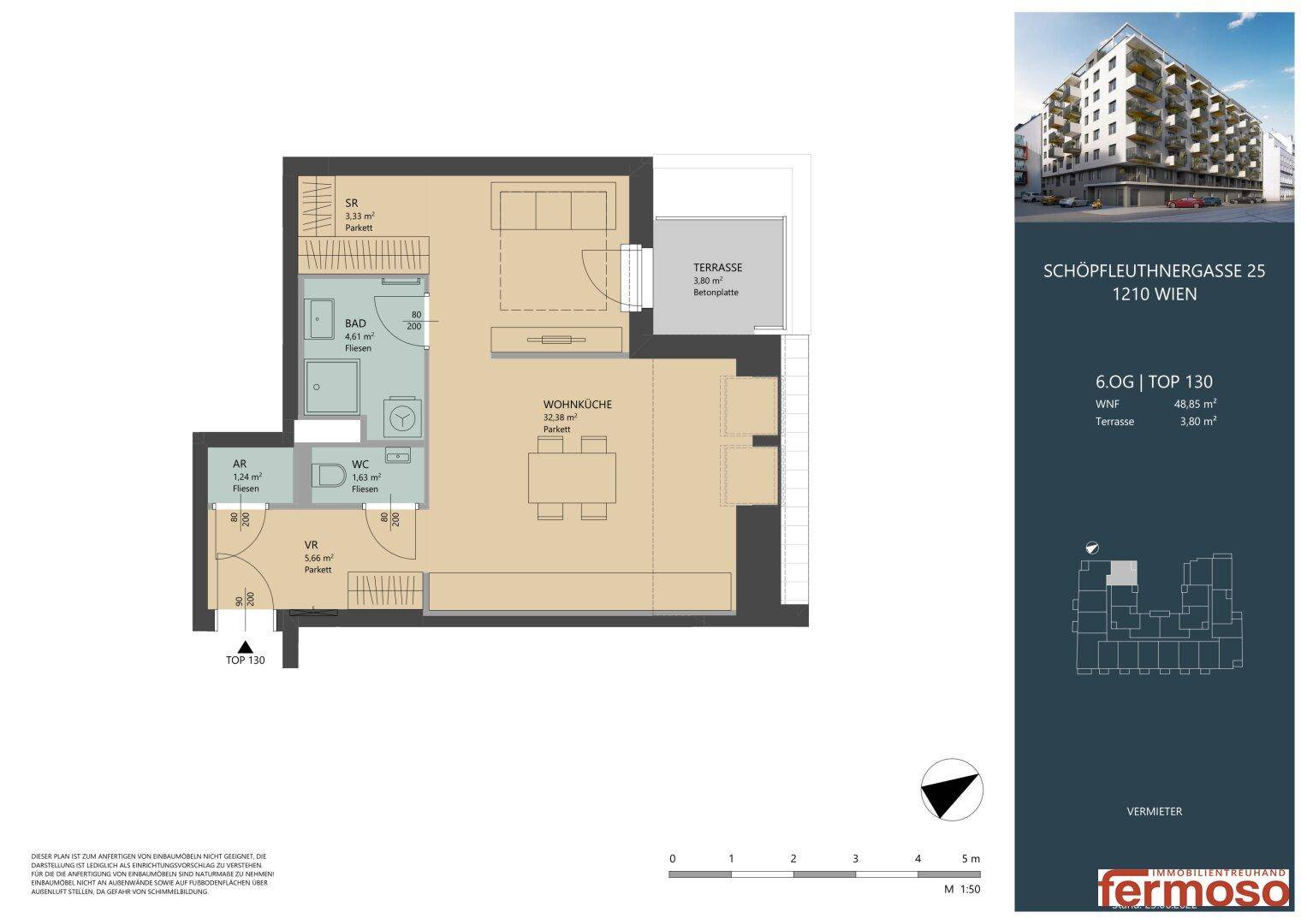 Grundriss der Wohnung Top 130 im 6. Obergeschoss mit Wohnküche und Terrasse.