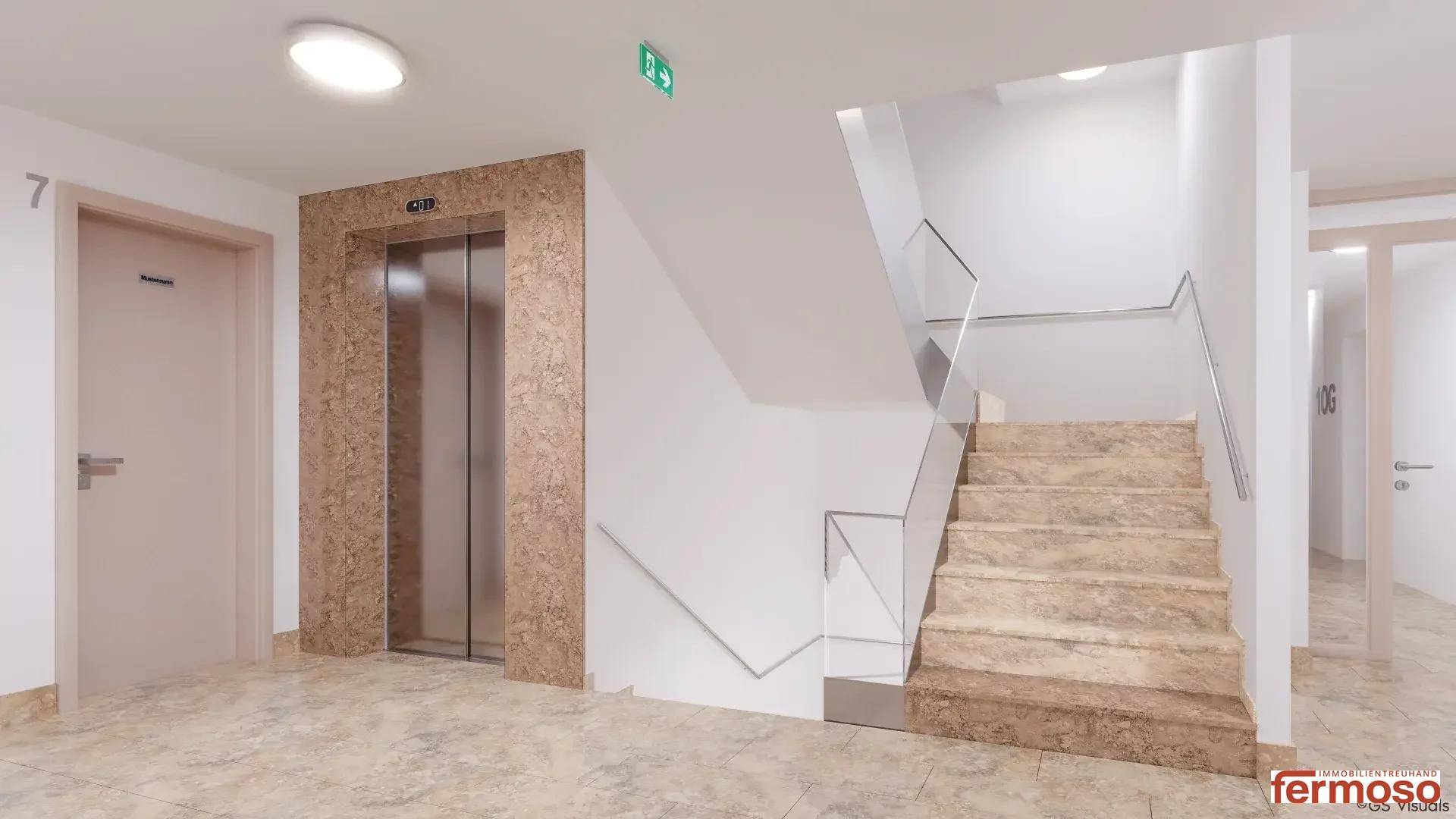 Heller und moderner Flur mit Aufzug, Steintreppe und eleganten Glasgeländern. Der Bereich ist gut beleuchtet und verfügt über einen Fliesenboden.
