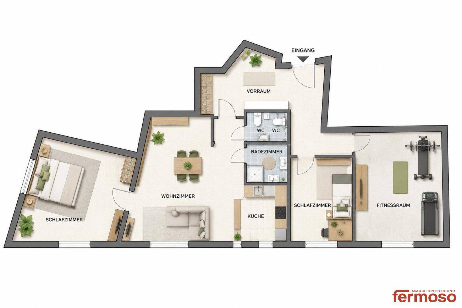 Detaillierter Grundriss einer Wohnung mit mehreren Zimmern und offenem Wohnbereich.