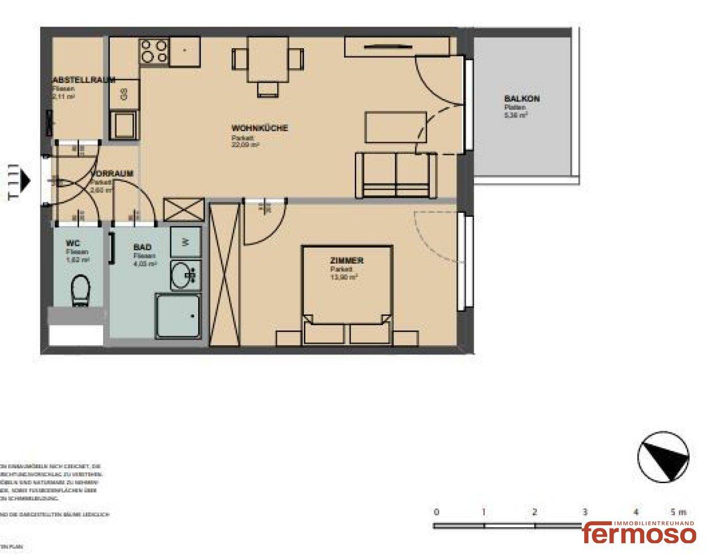 Grundriss einer Wohnung mit Wohnküche, Schlafzimmer, Bad, WC und Balkon.
