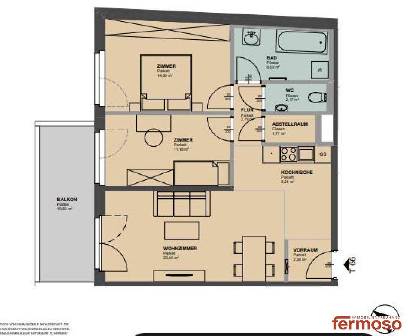 Detaillierter Grundriss der Wohnung mit drei Zimmern, Balkon und separatem WC.
