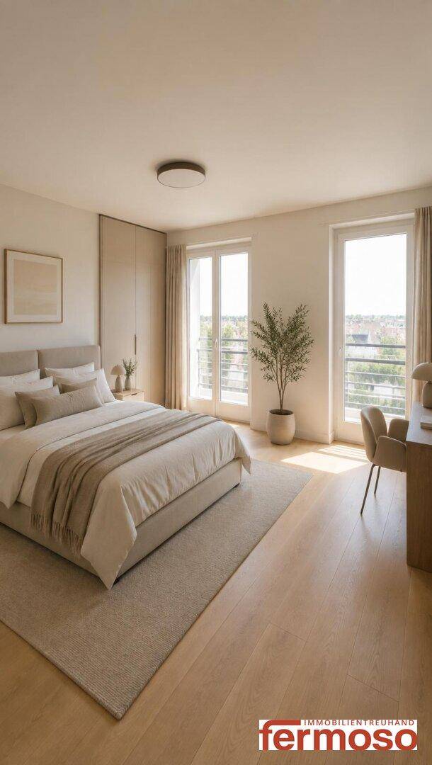 Helles Schlafzimmer mit Holzboden, großem Bett und Zugang zu einem französischen Balkon.