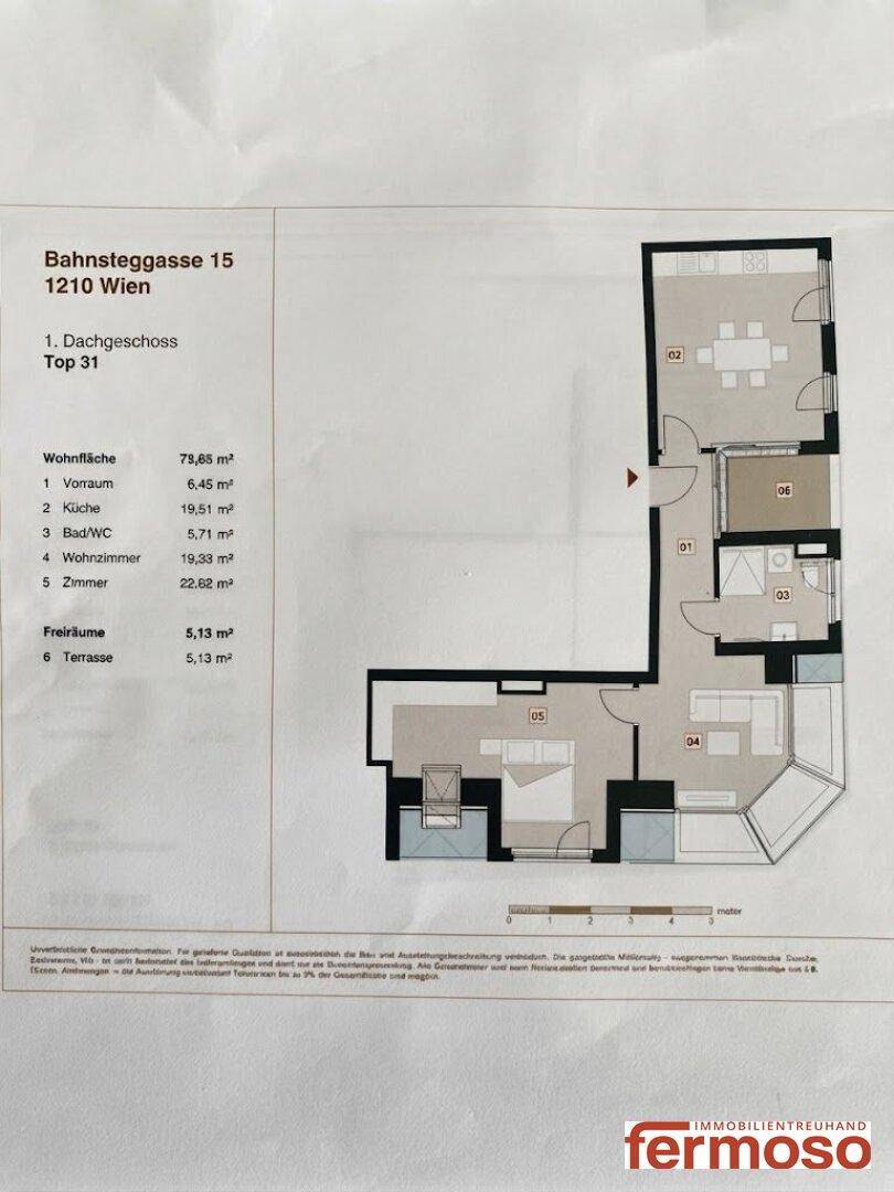 Grundriss der Dachgeschosswohnung Top 31 mit Terrasse und offenem Wohnbereich.