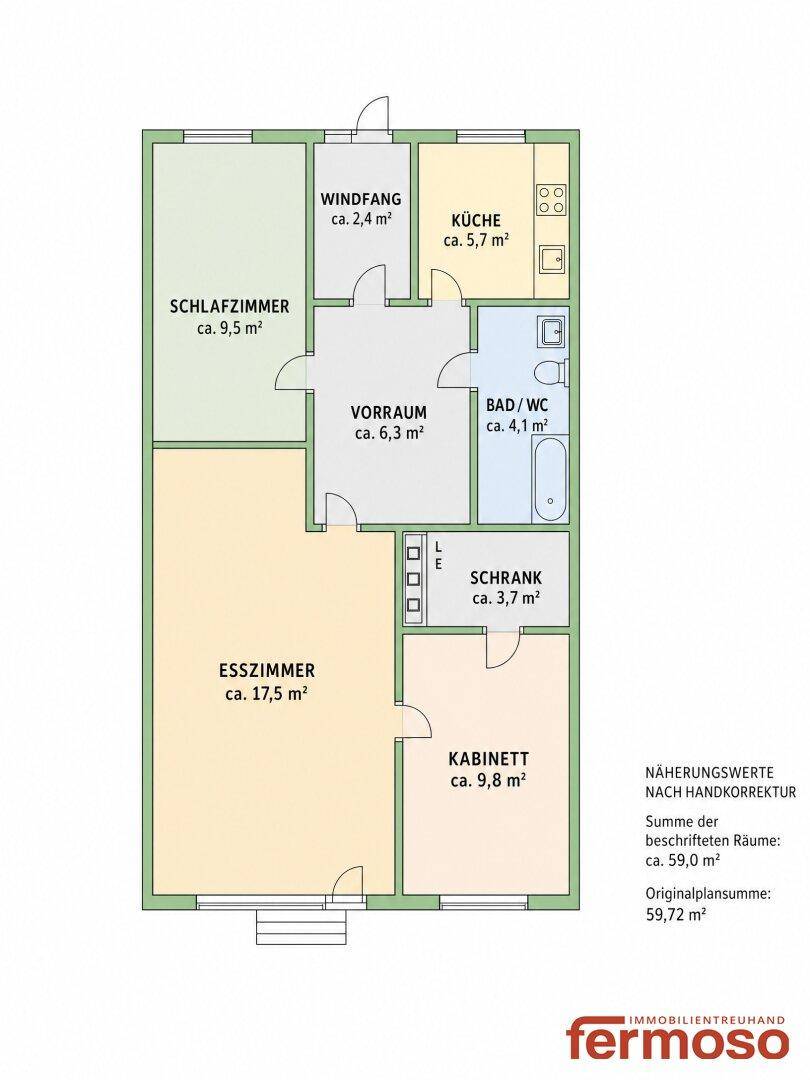 Farbiger Grundriss einer Wohnung mit Schlafzimmer, Esszimmer und Bad/WC.