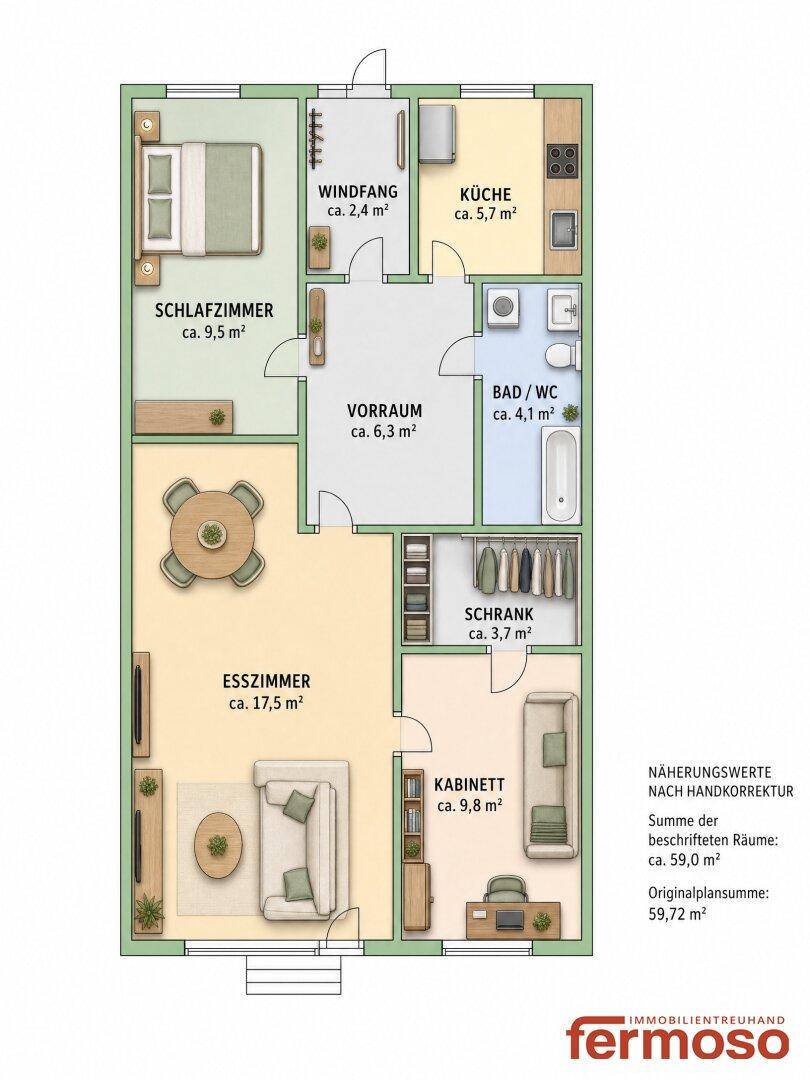 Detaillierter Grundriss einer Wohnung mit Schlafzimmer, Esszimmer und Bad/WC.