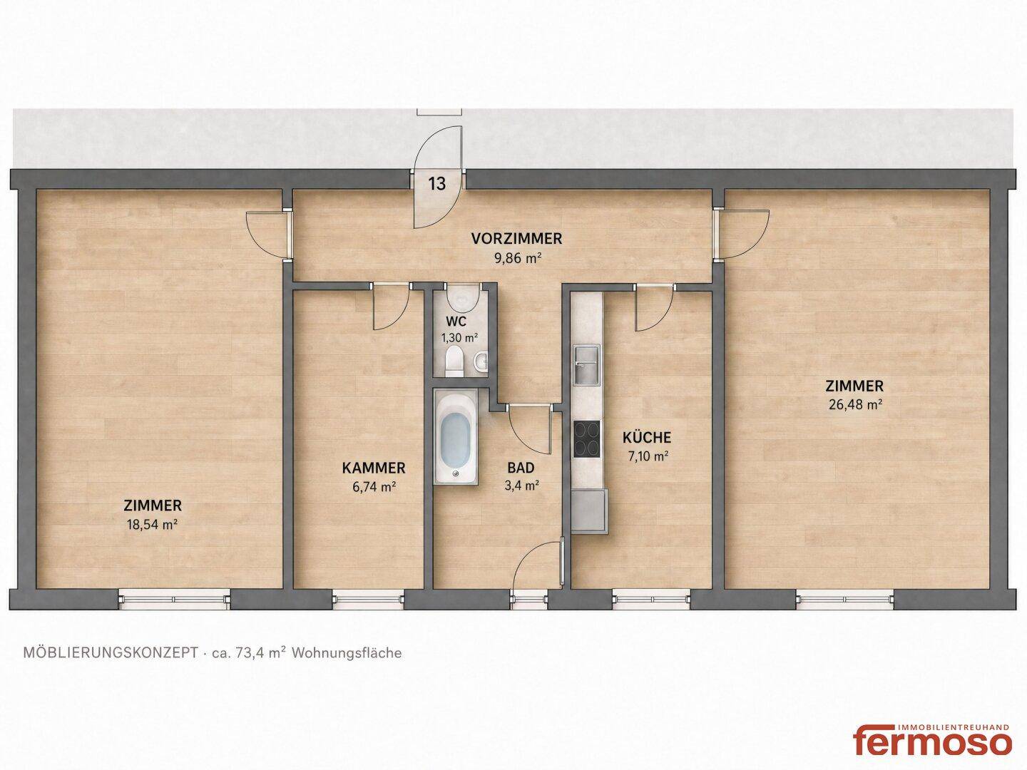 Detaillierter Grundriss mit Raumaufteilung, Flächenangaben und Möblierungskonzept.