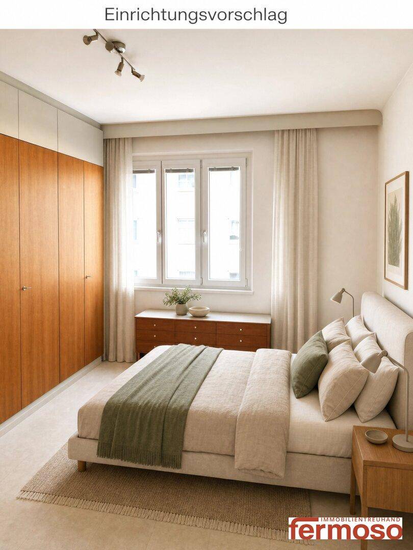 Gemütliches Schlafzimmer mit großem Fenster, Einbauschränken und modernem Interieur als Einrichtungsvorschlag.