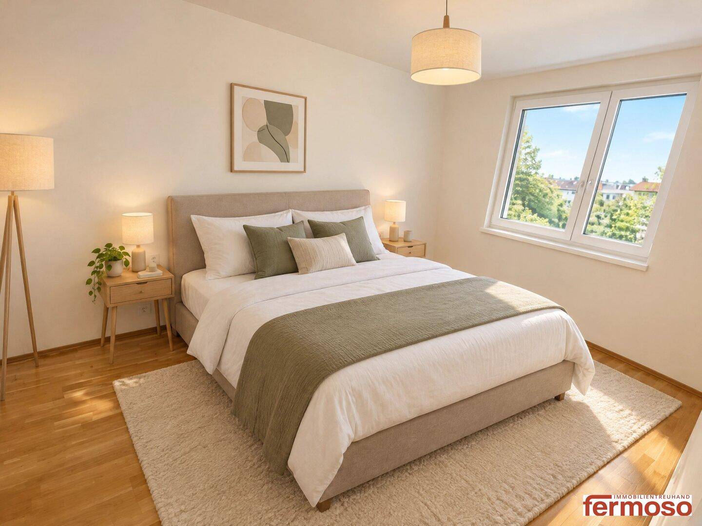 Gemütliches Schlafzimmer mit Doppelbett, Nachttischen und großem Fenster mit Ausblick.