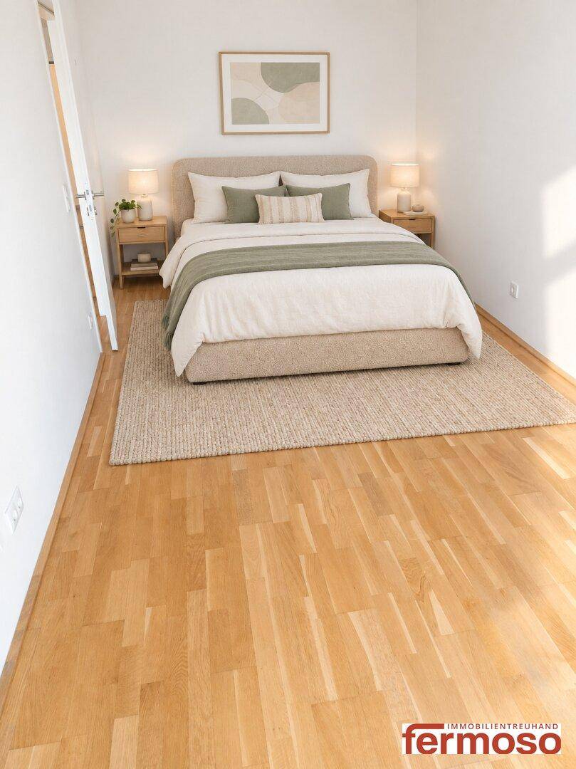 Gemütliches Schlafzimmer mit Doppelbett, Nachttischen und Parkettboden, hell und modern.