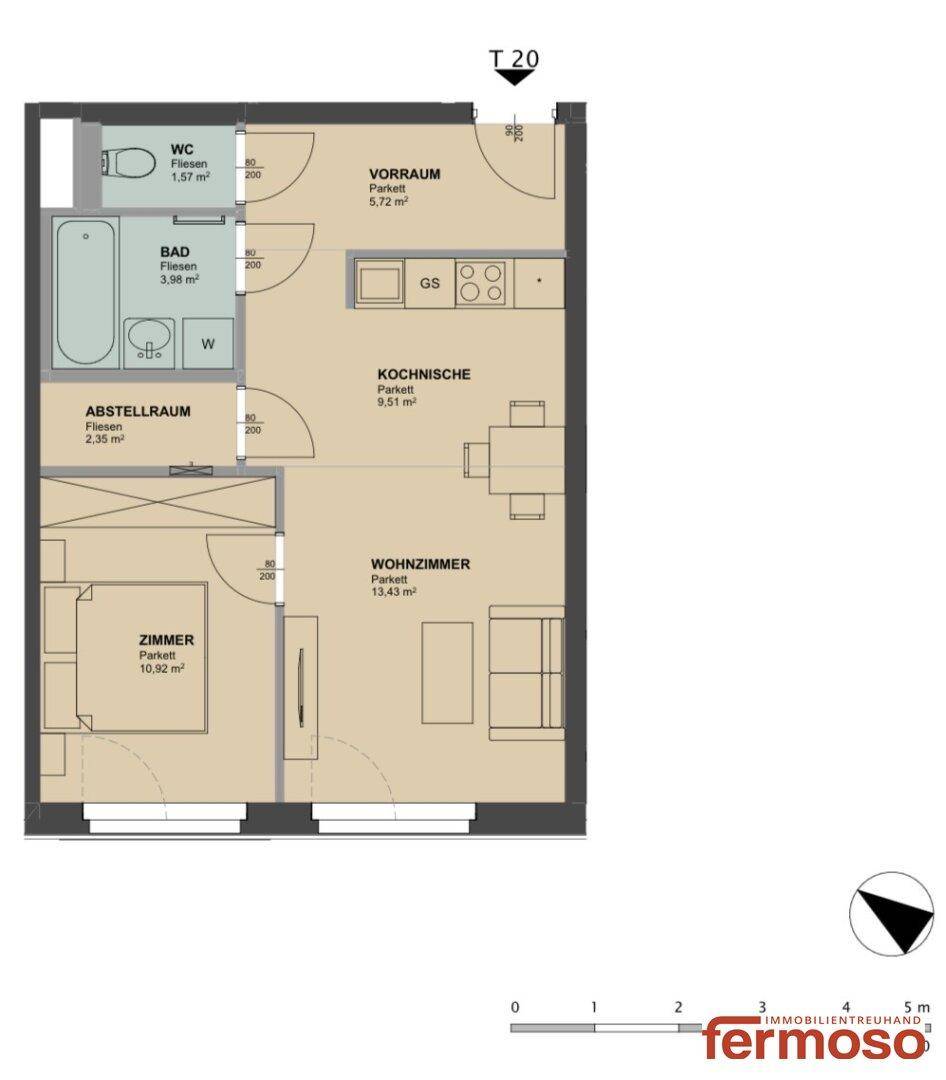 Grundriss der Wohnung T 20 mit Wohnzimmer, Schlafzimmer, Küche, Bad und WC.