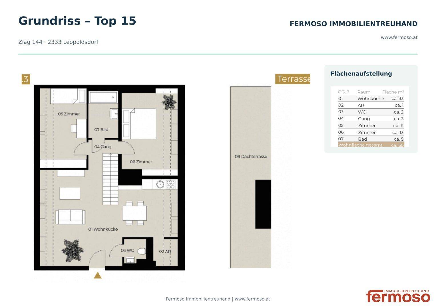 Grundriss der Wohnung Top 15 mit offener Wohnküche, Schlafzimmer und großer Dachterrasse.