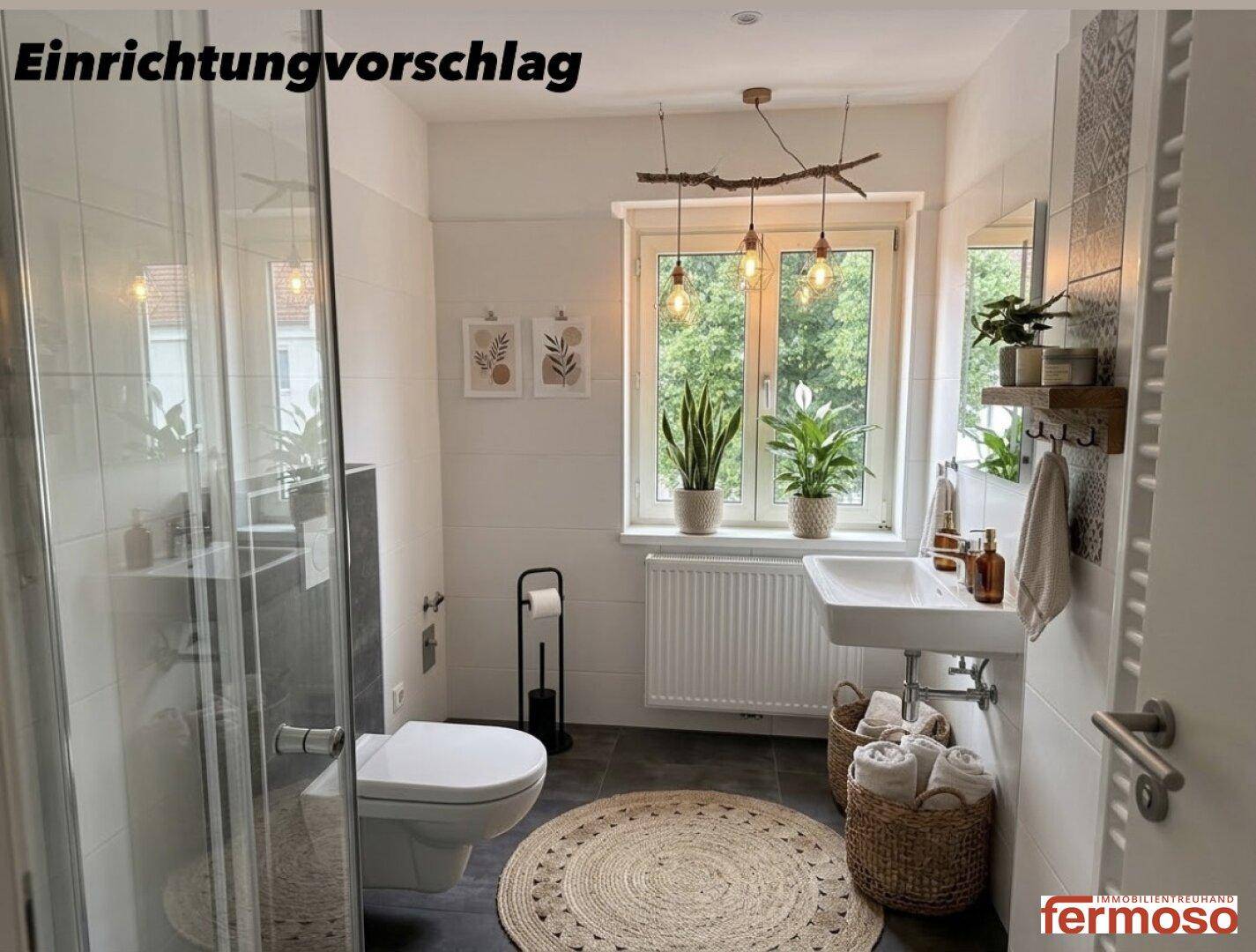 Einrichtungsvorschlag für ein modernes Badezimmer mit Dusche, WC und stilvoller Dekoration.