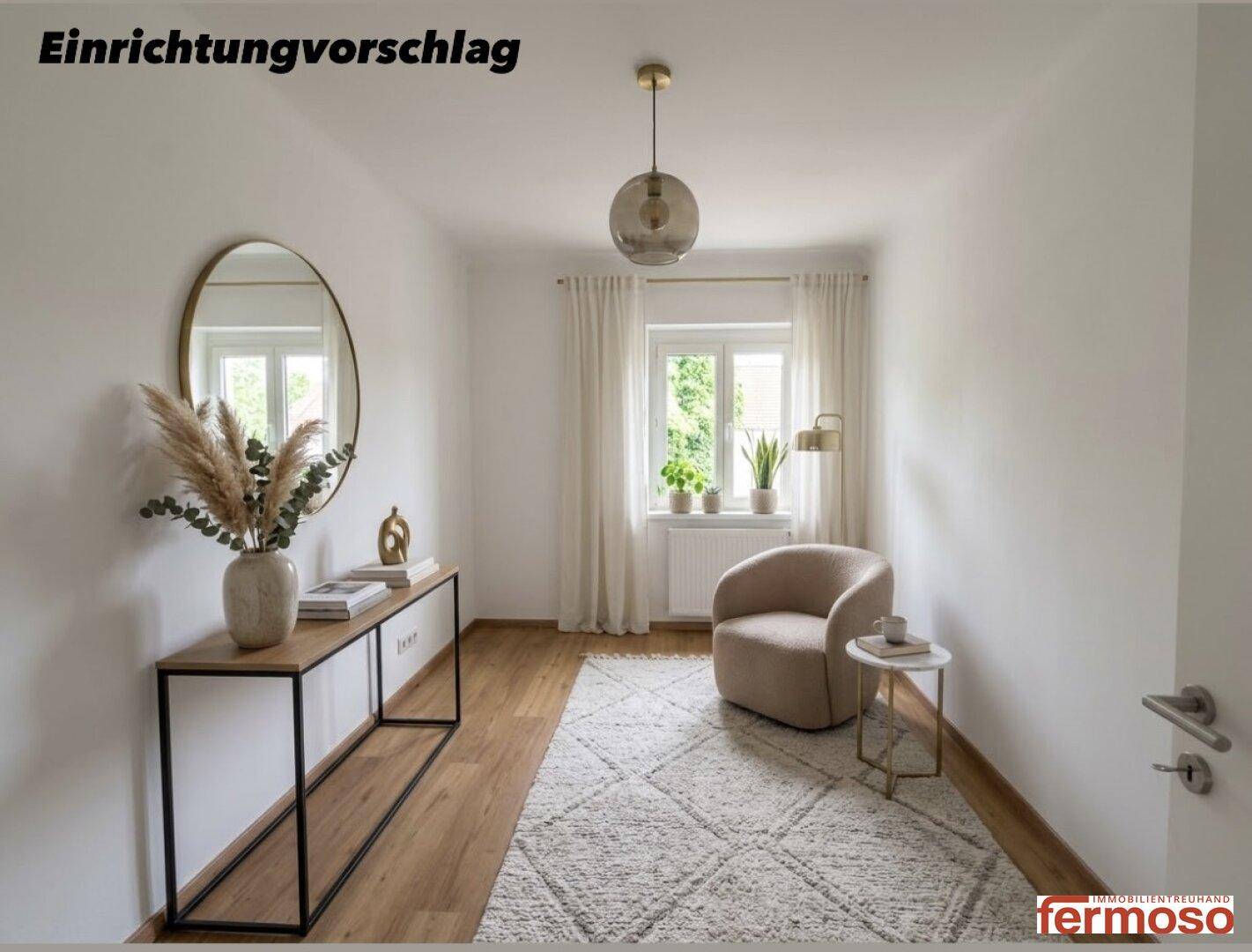 Einrichtungsvorschlag für ein gemütliches Wohnzimmer mit modernem Dekor und viel Tageslicht.