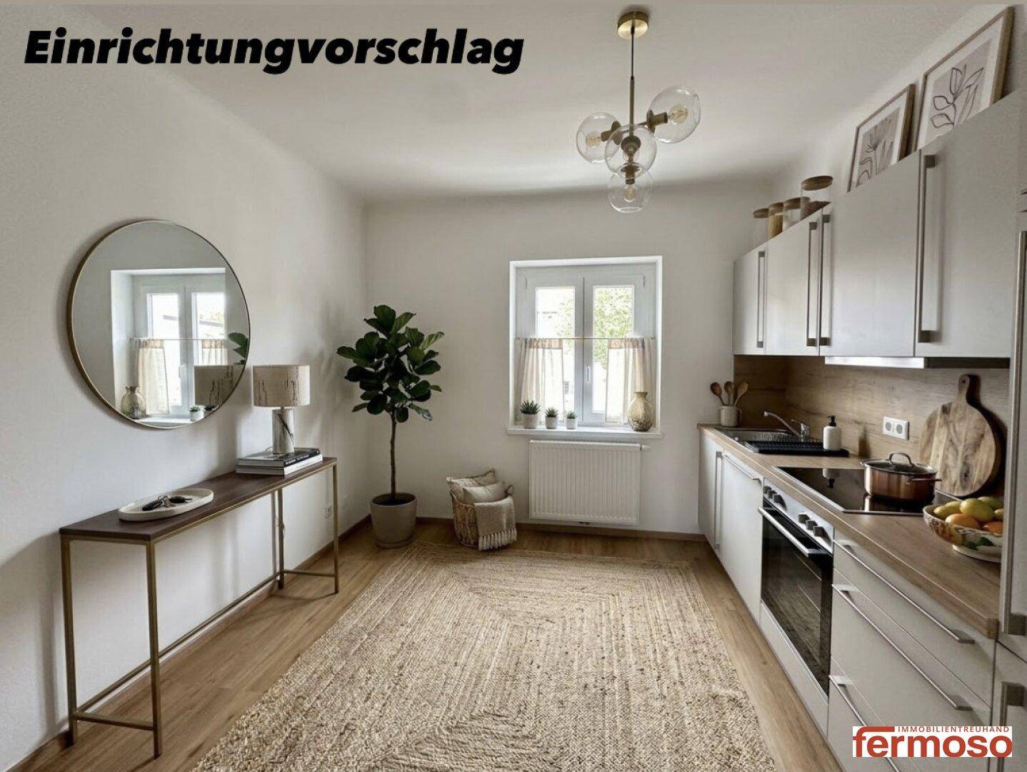 Einrichtungsvorschlag für einen offenen Wohn- und Küchenbereich mit modernem Design und Pflanzen.